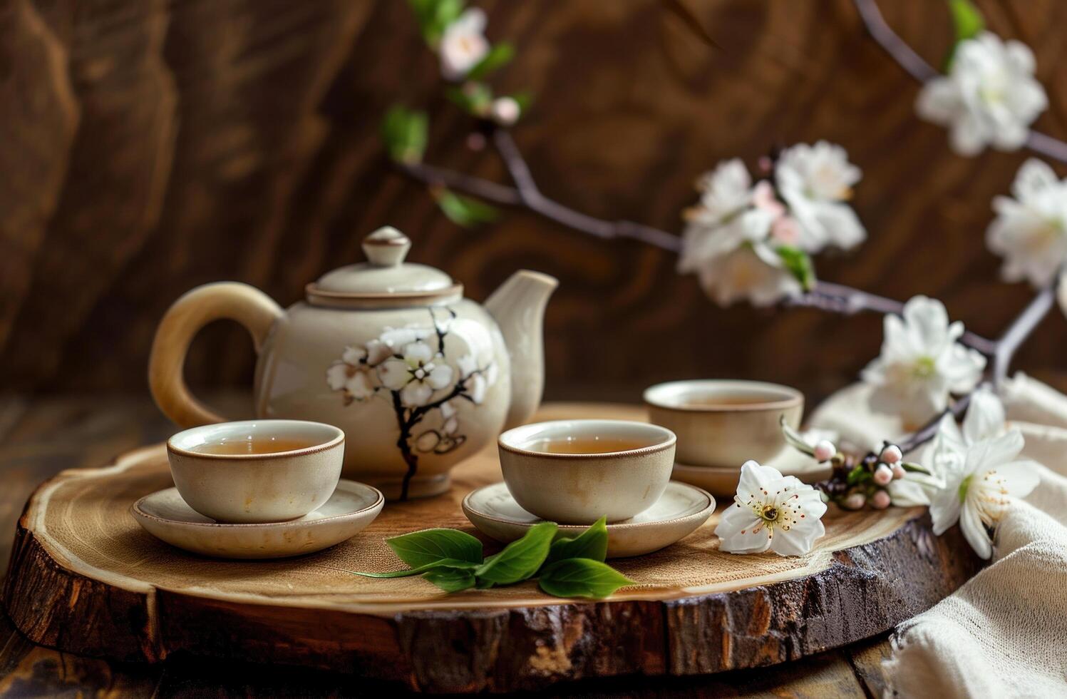 AI generated teapot on tray with two cups of white tea photo