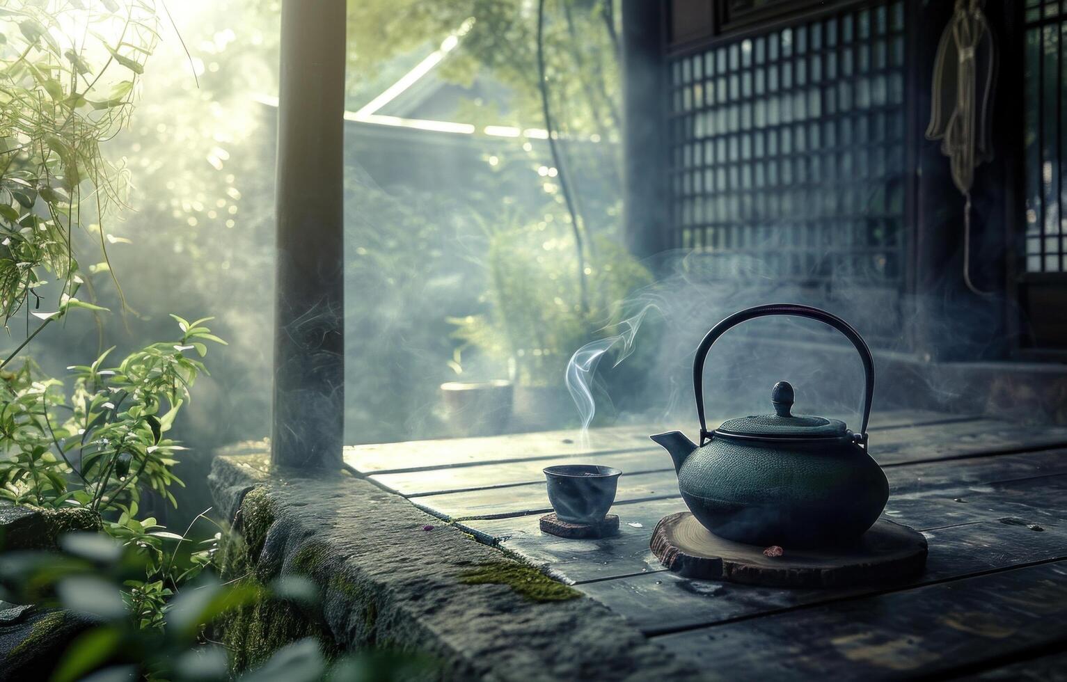 AI generated teapot on tray with two cups of white tea photo