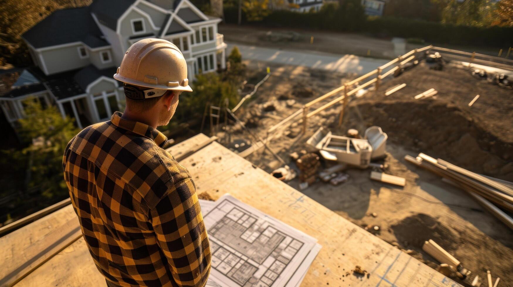 AI generated Scrutinizing Building Plans from Above With a sharp eye for detail photo