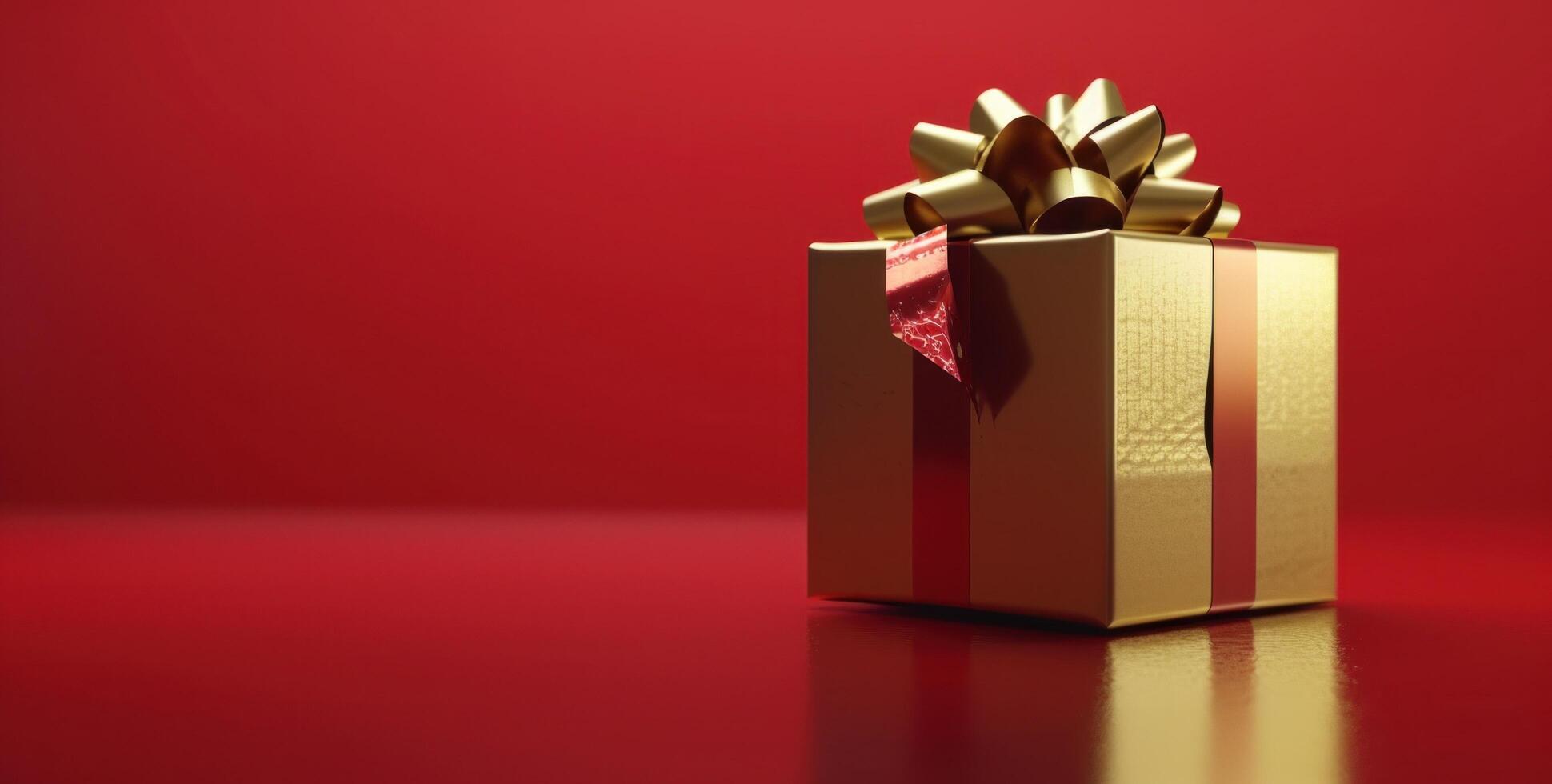 AI generated a gold gift box with ribbon resting on a red background photo