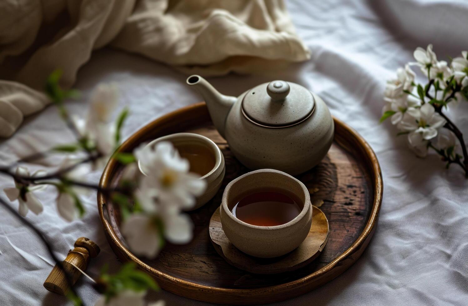 AI generated teapot on tray with two cups of white tea photo