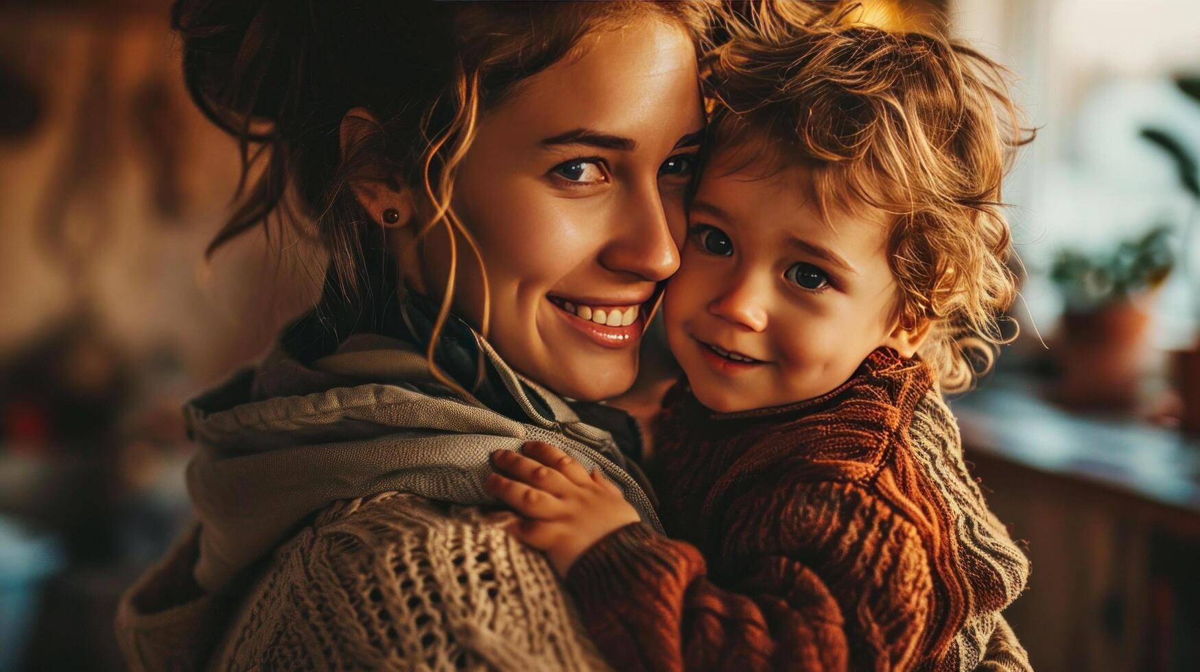 AI generated A Mother and Son Smiling Together at Home photo