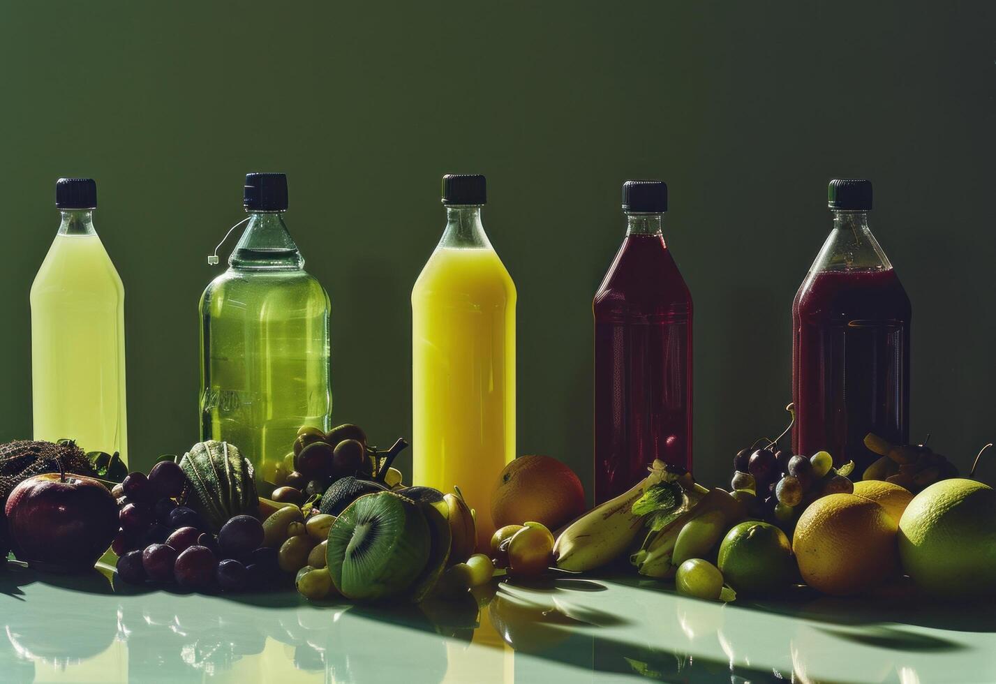 ai generado un grupo de jugo jugo botellas con varios frutas rodeando ellos foto