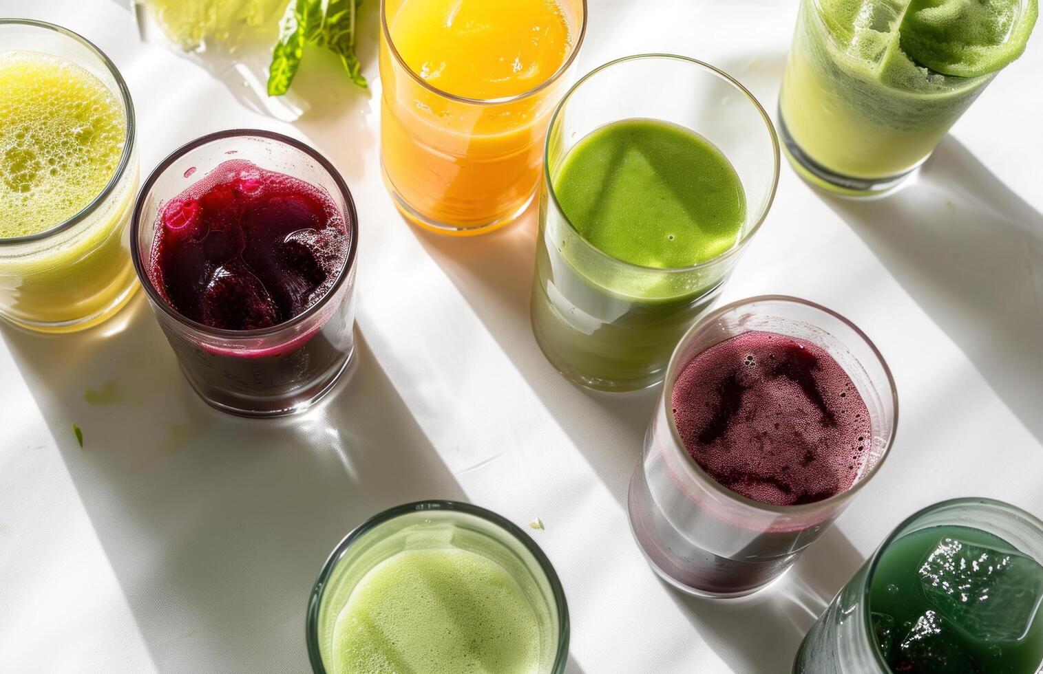 AI generated several glasses of juice arranged on a white surface photo