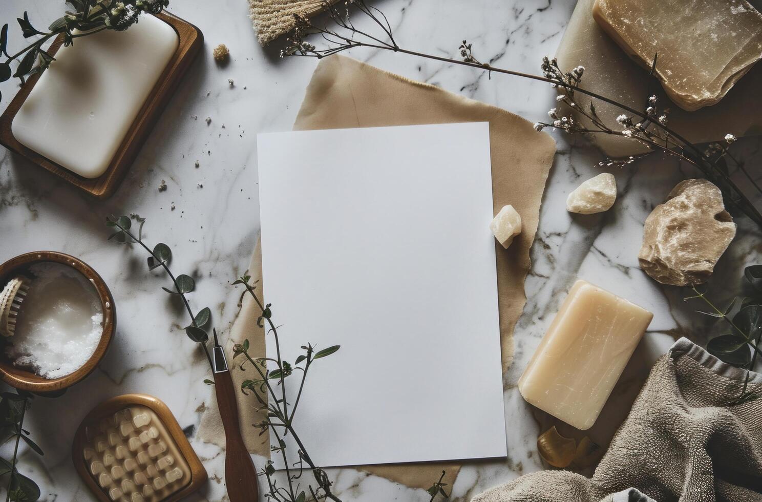 ai generado blanco sábana de papel en el mesa con jabones y cepillos foto