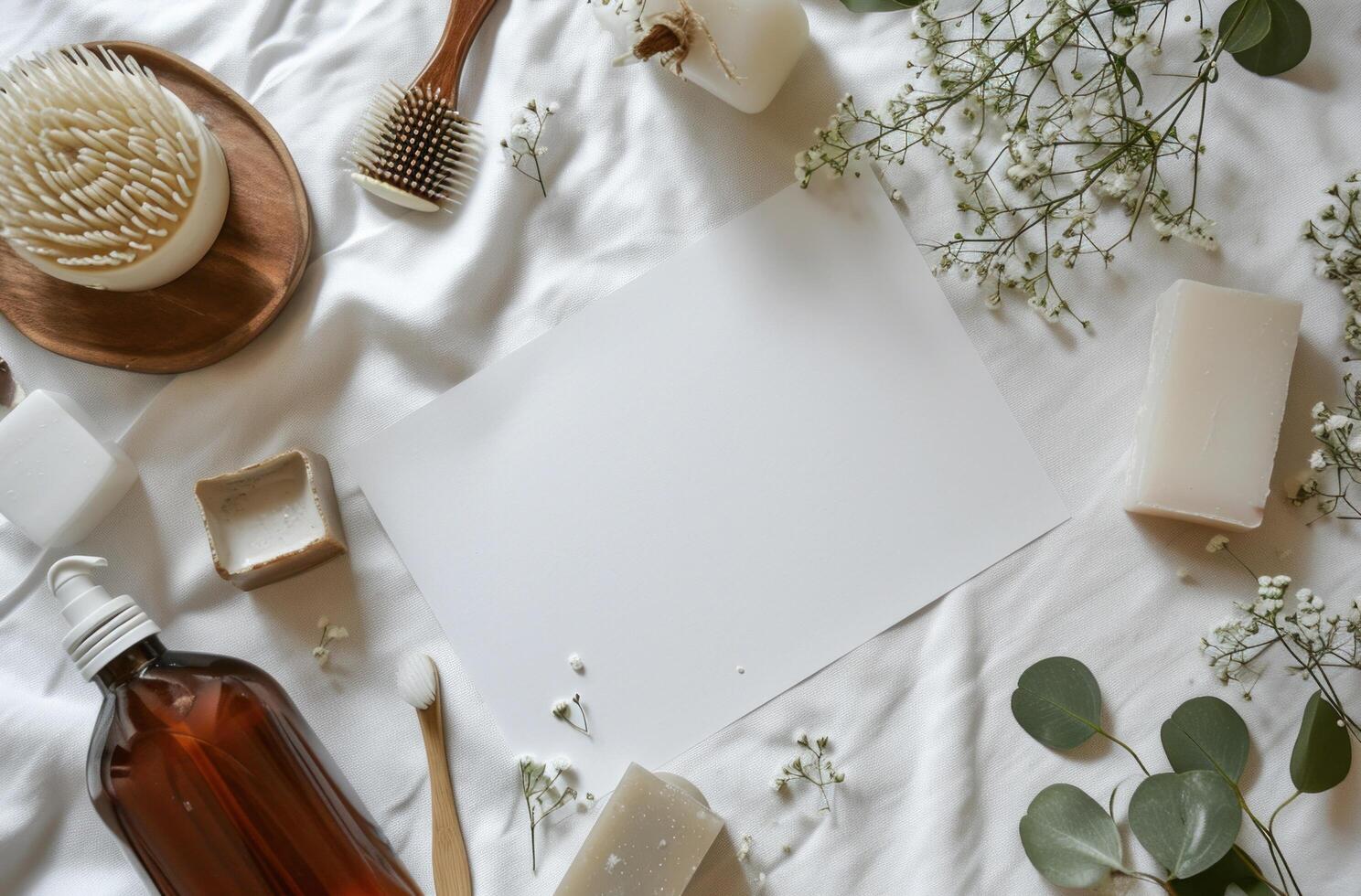 ai generado blanco sábana de papel en el mesa con jabones y cepillos foto