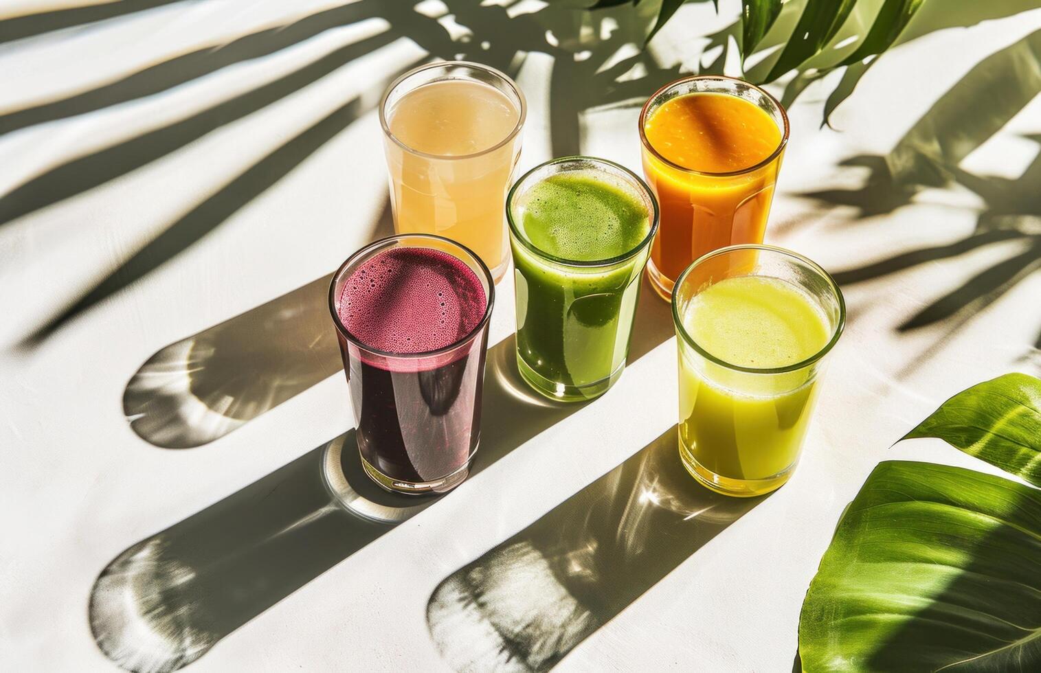 AI generated several glasses of juice arranged on a white surface photo