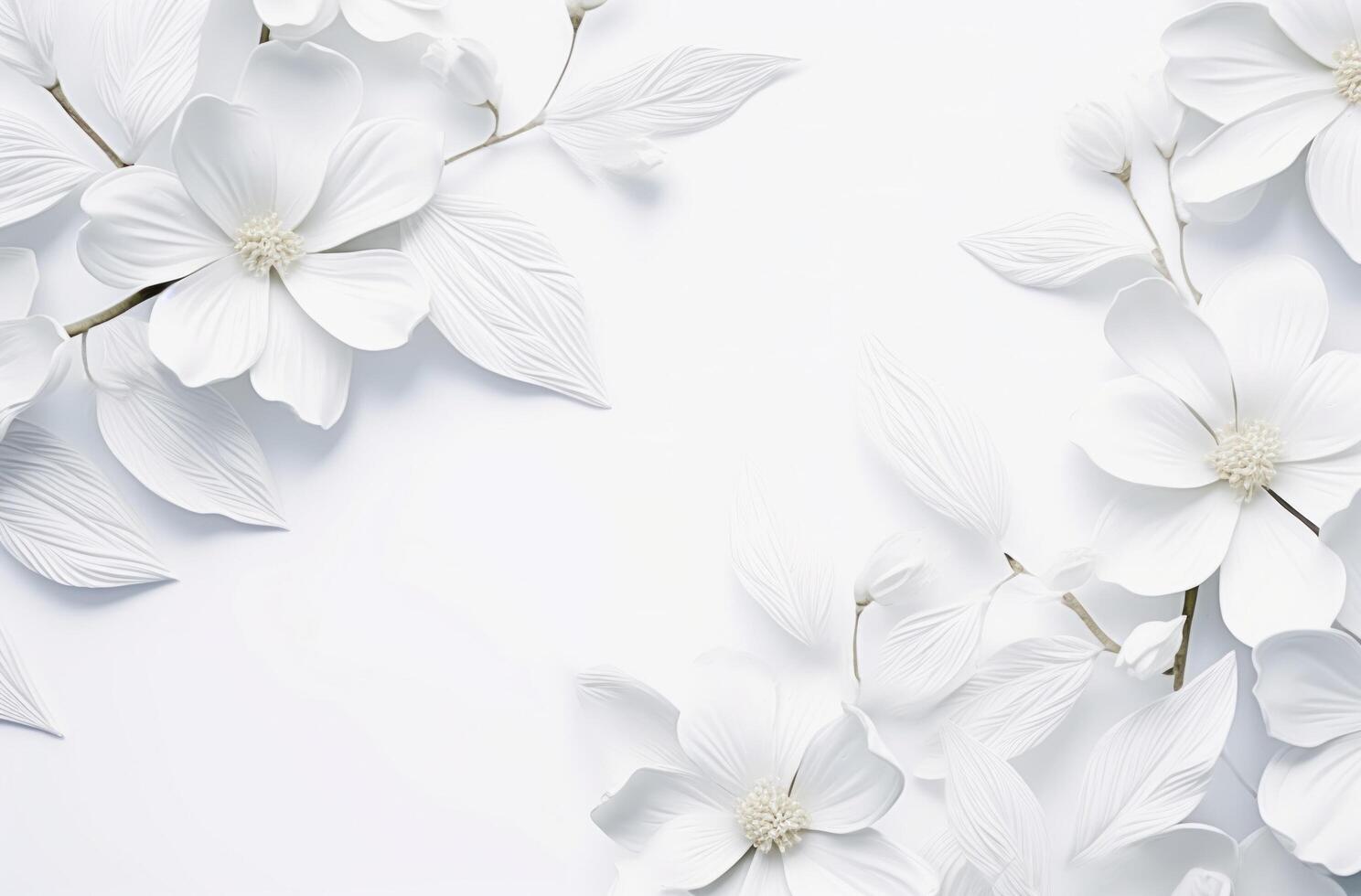 AI generated white leaves and flowers on a white background photo