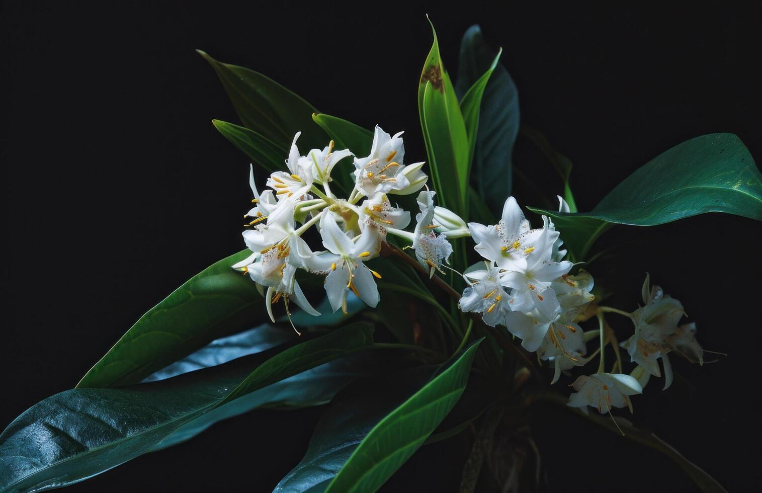 AI generated white flower and leaves in a vase photo