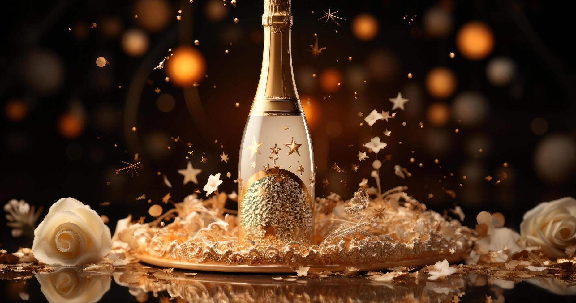 AI generated a bottle of champagne and stars are floating on a beige background, photo