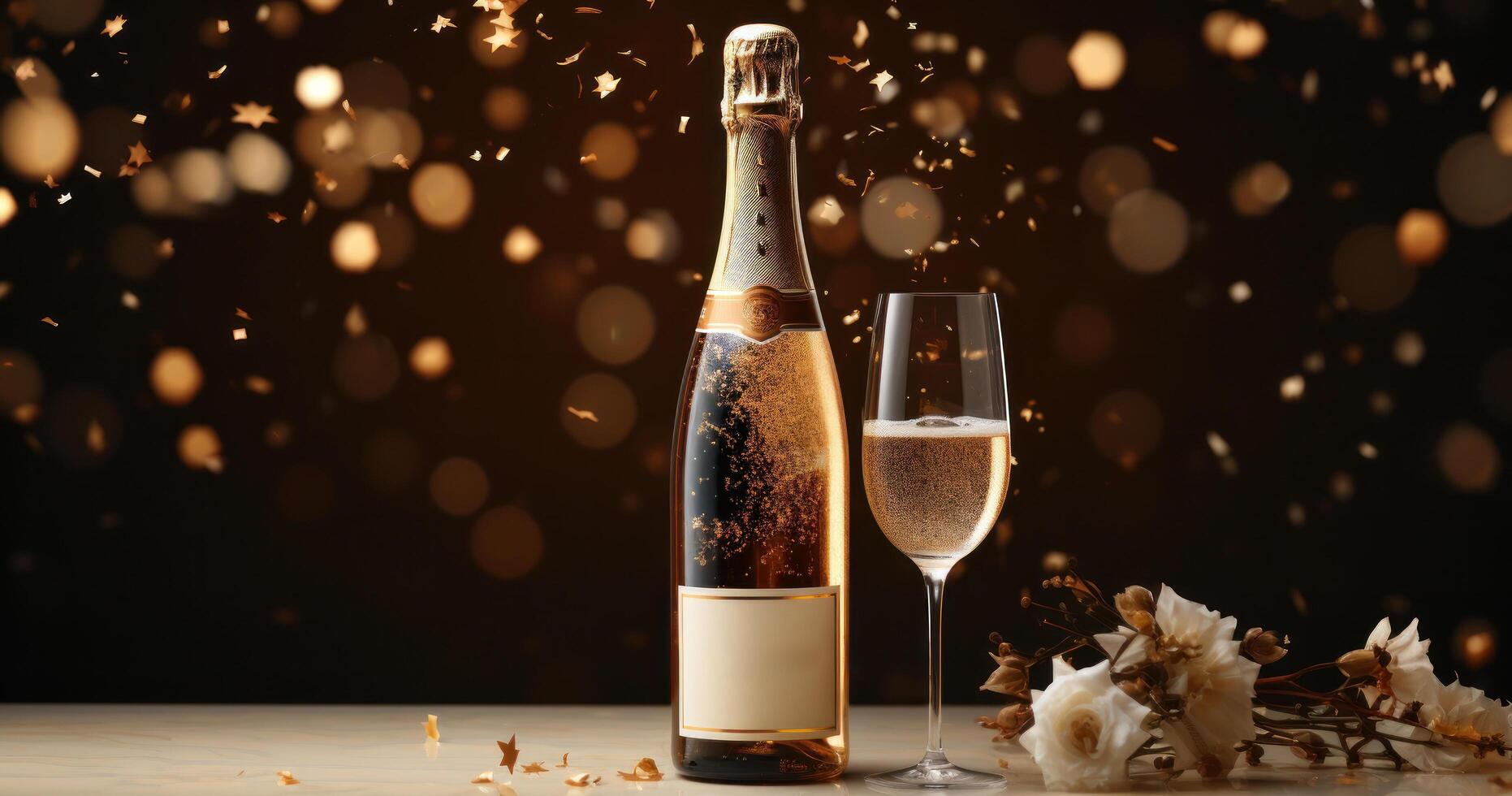 AI generated a bottle of champagne and stars are floating on a beige background, photo