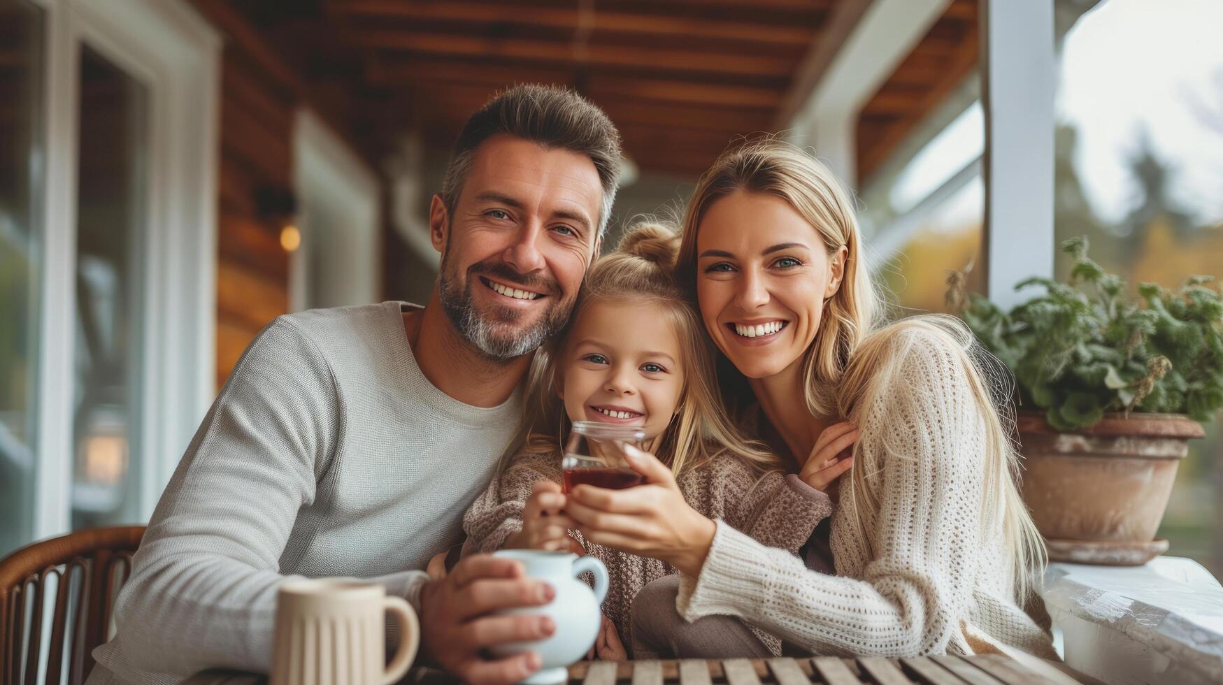 ai generado contento mamá, papá y hija Bebiendo té en el veranda de un clásico americano casa foto