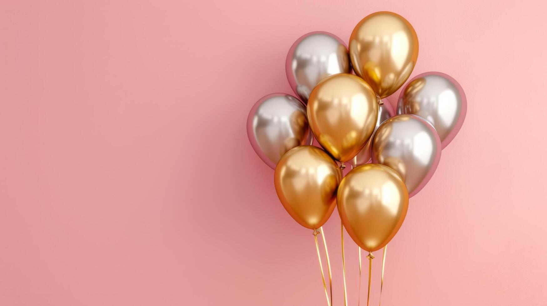 AI generated Gold and silver inflatable balloons on a minimalistic pink background with copy space photo