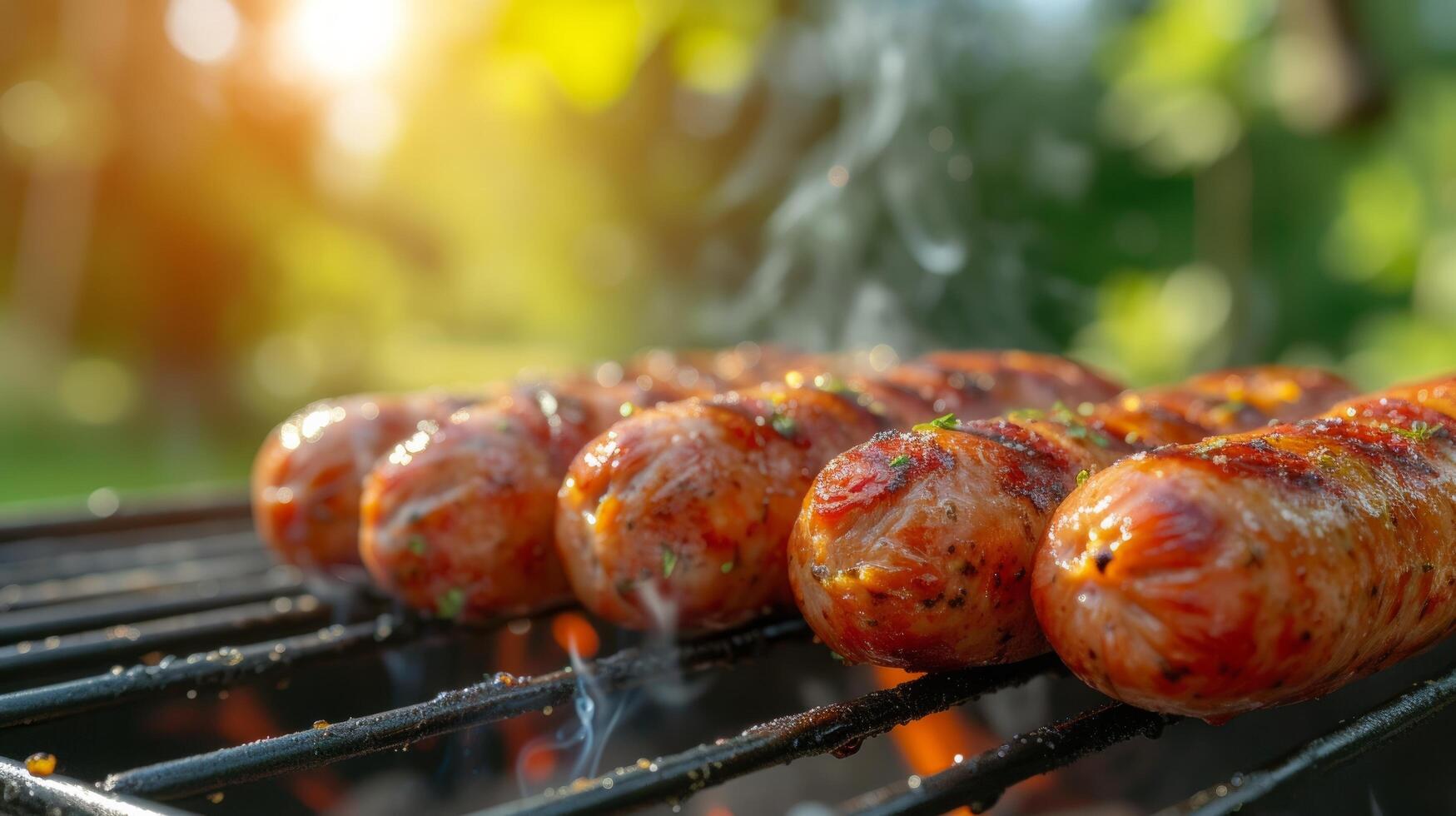 AI generated Sausages are grilled. Background blurred background of country house and summer garden photo