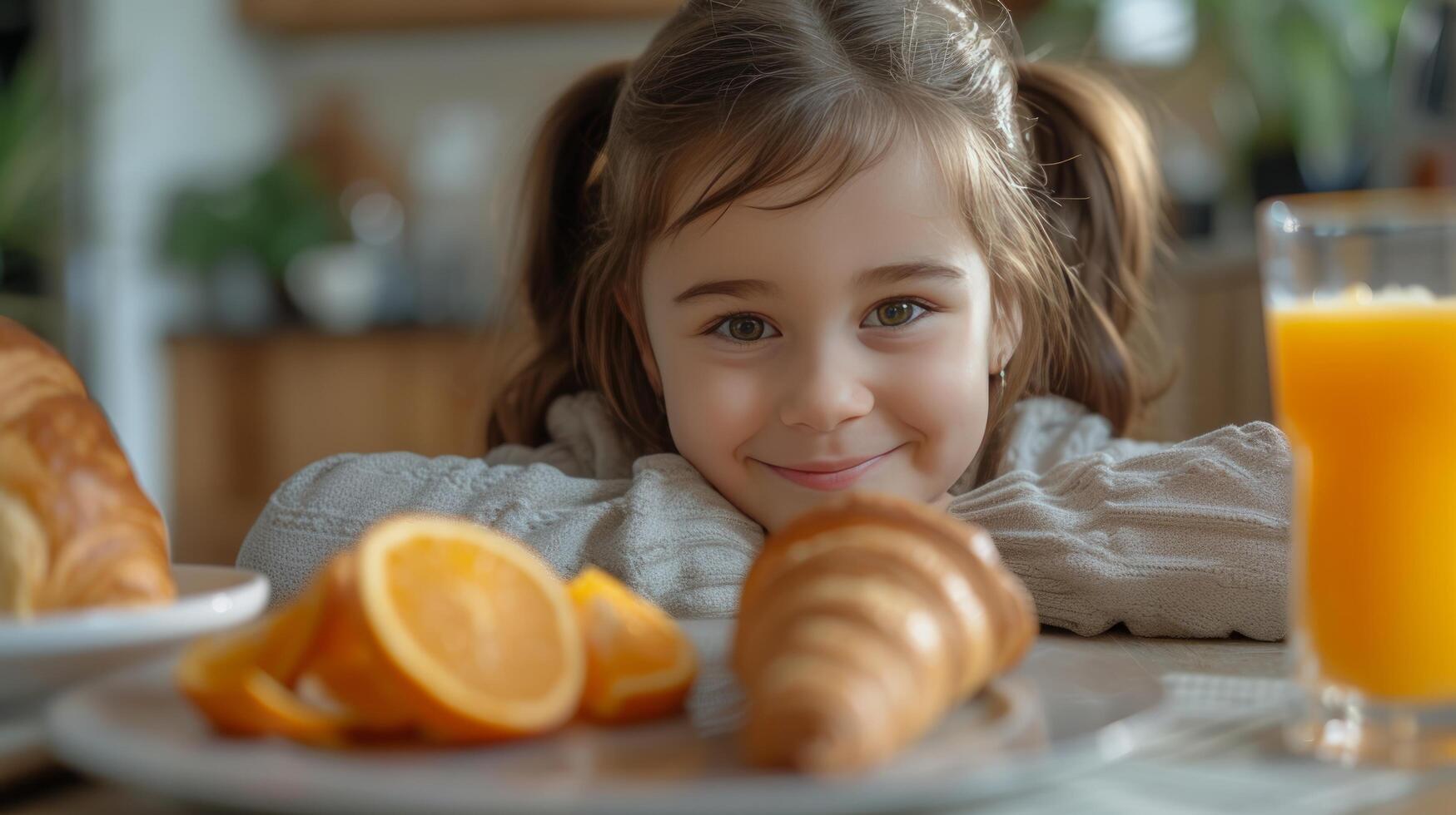 ai generado niña comiendo cuerno para desayuno con naranja jugo foto