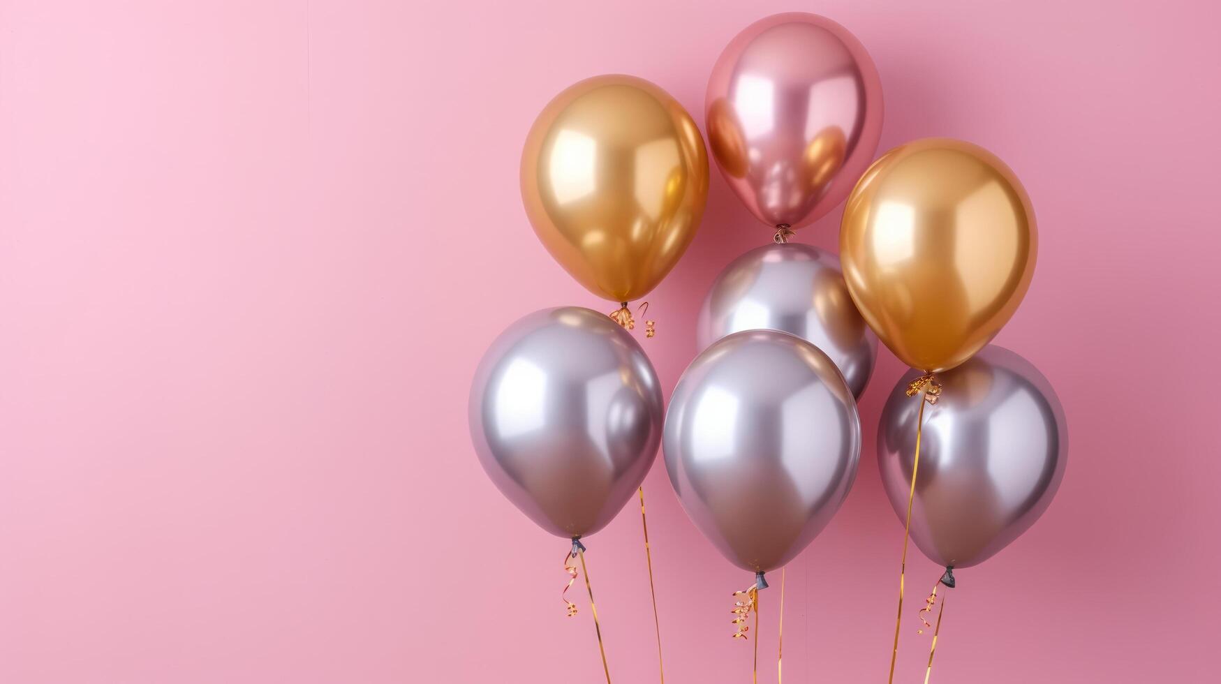 AI generated Gold and silver inflatable balloons on a minimalistic pink background with copy space photo
