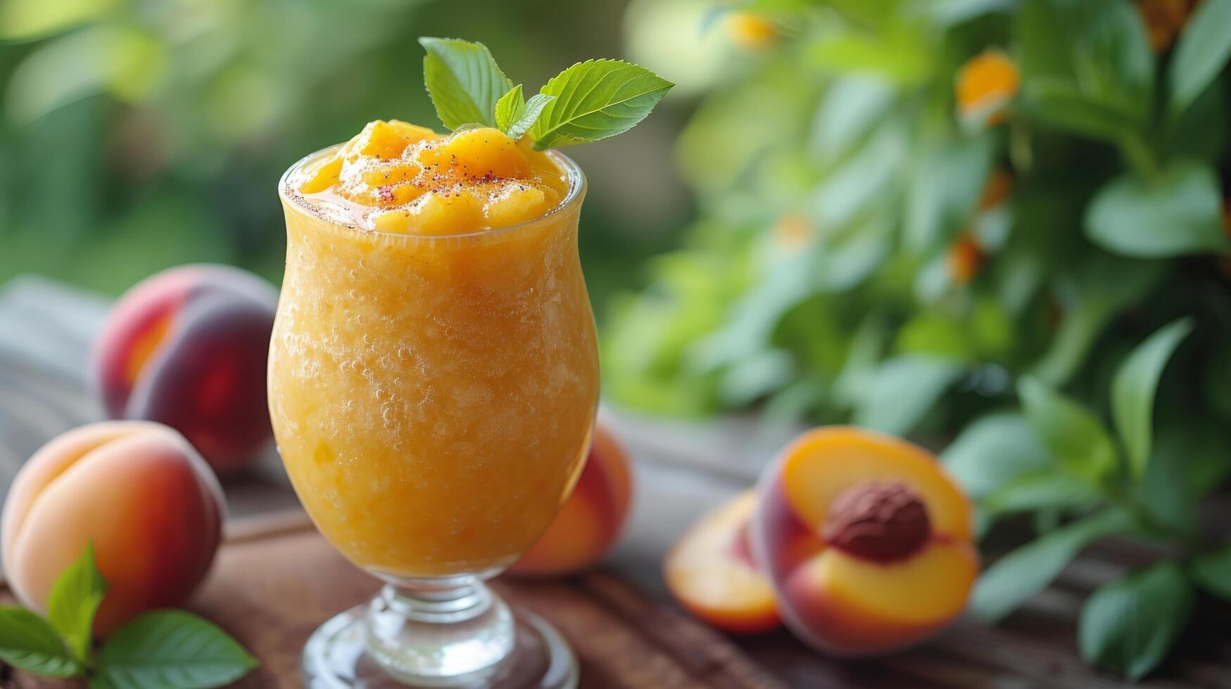 AI generated glass with apricot compote stands on a wooden table next to it photo