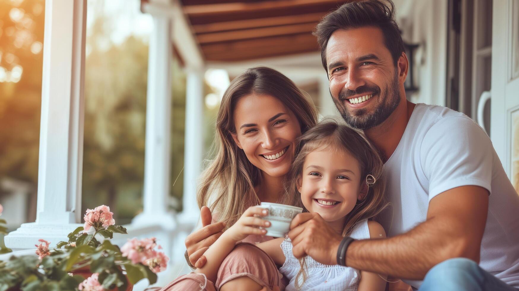 AI generated Happy mom, dad and daughter drinking tea on the veranda of a classic American house photo