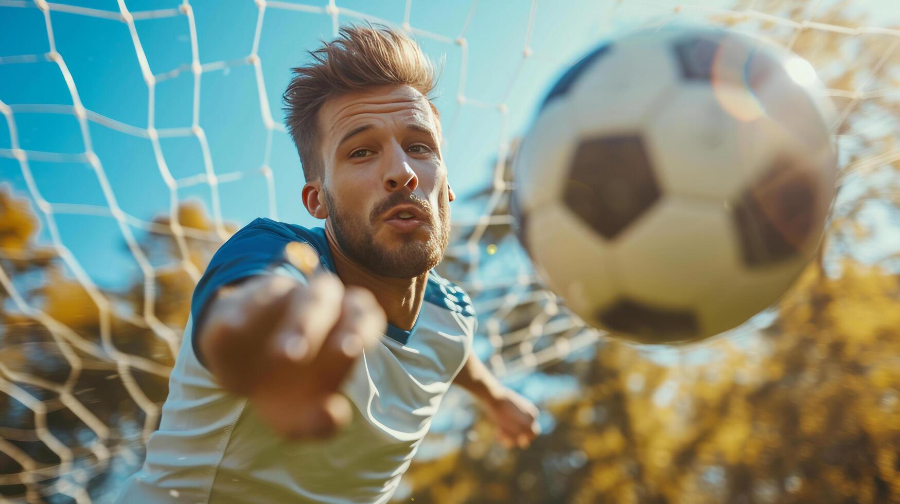 AI generated Handsome young courageous football player scores the ball into the goal photo
