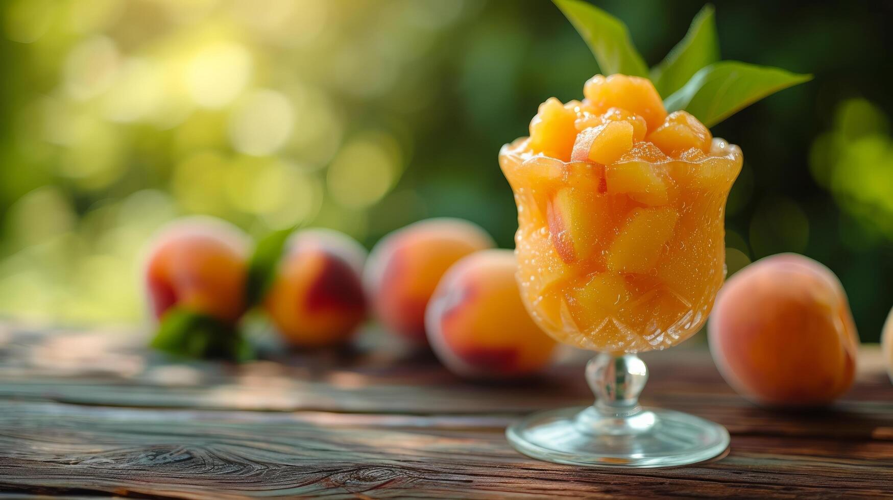 AI generated glass with apricot compote stands on a wooden table next to it photo