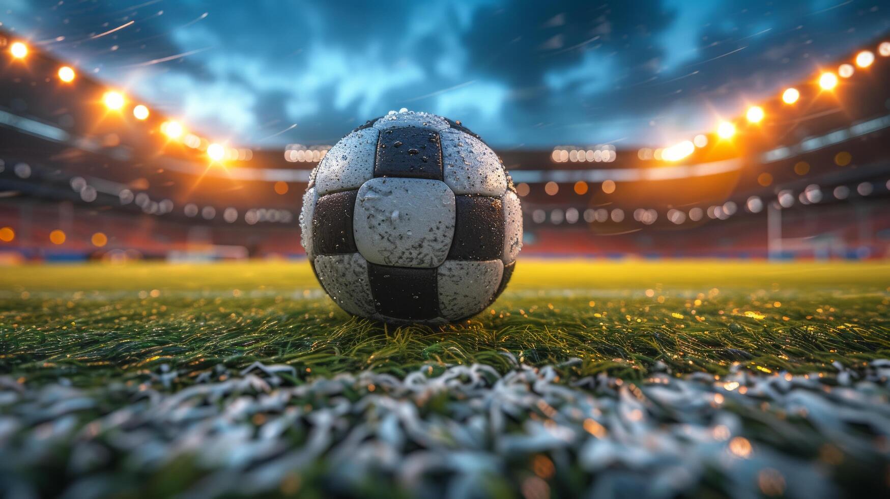 AI generated Close-up of a soccer ball lying on a football stadium photo
