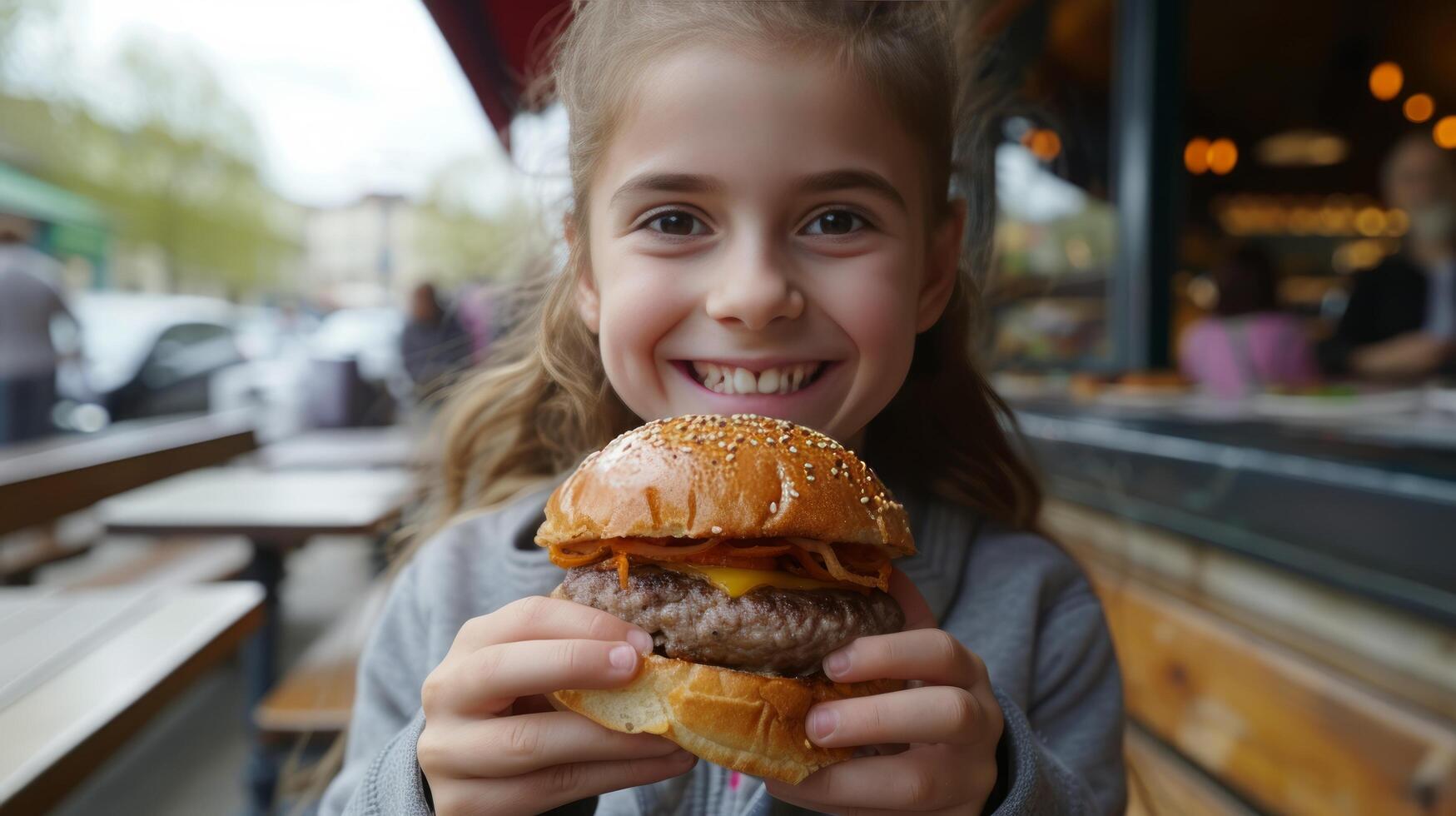 AI generated Girl 12 years old eats a big Burger in a street cafe in city photo