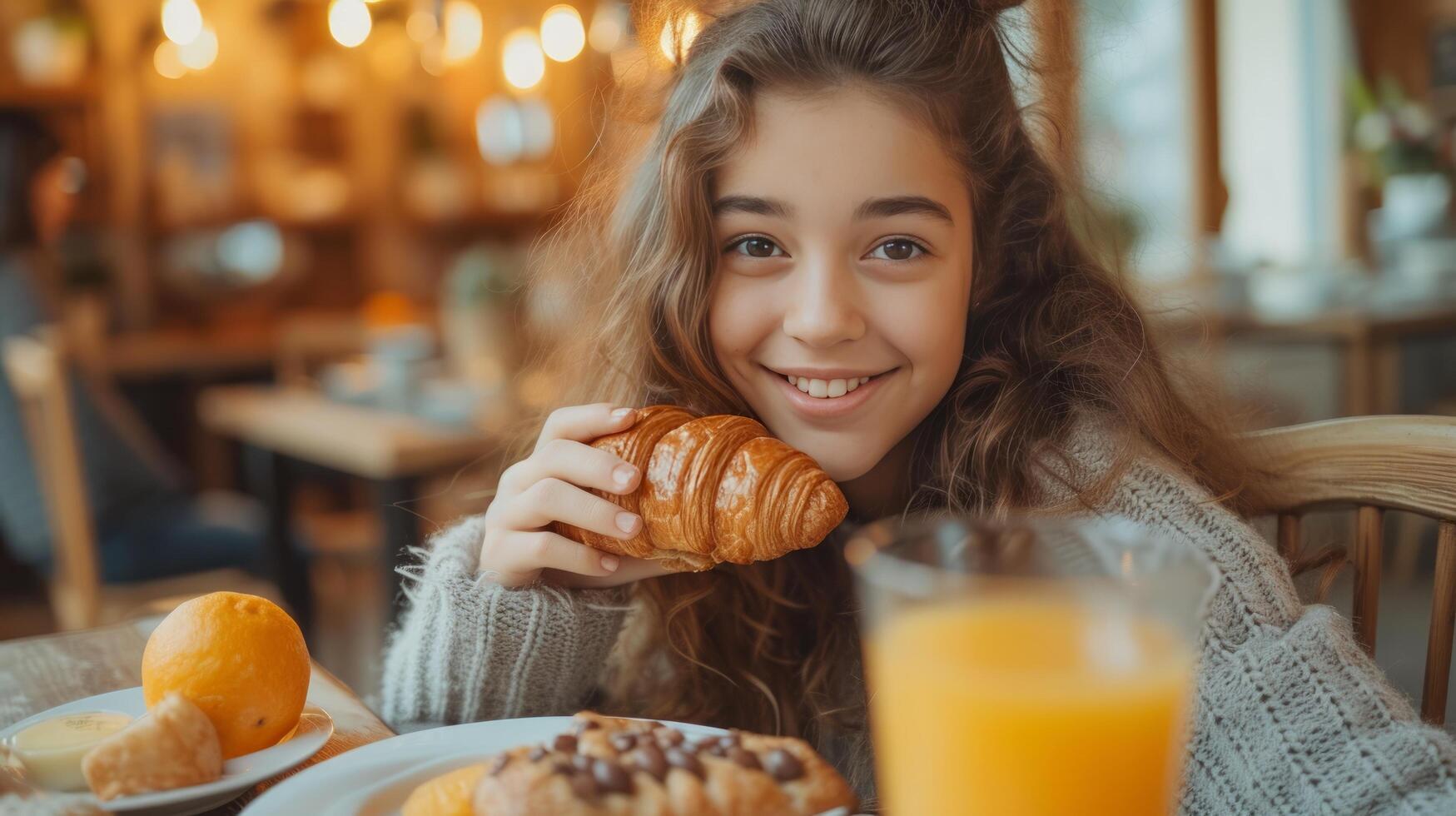 ai generado niña comiendo cuerno para desayuno con naranja jugo foto