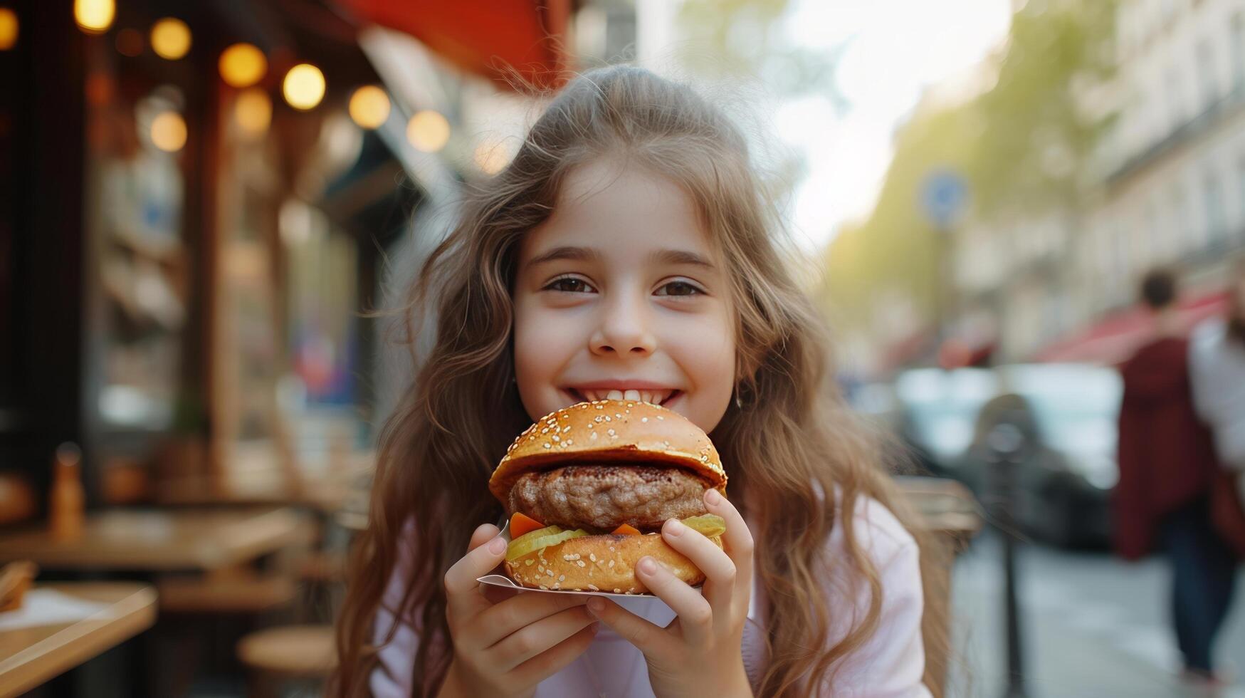 ai generado niña 12 años antiguo come un grande hamburguesa en un calle café en ciudad foto