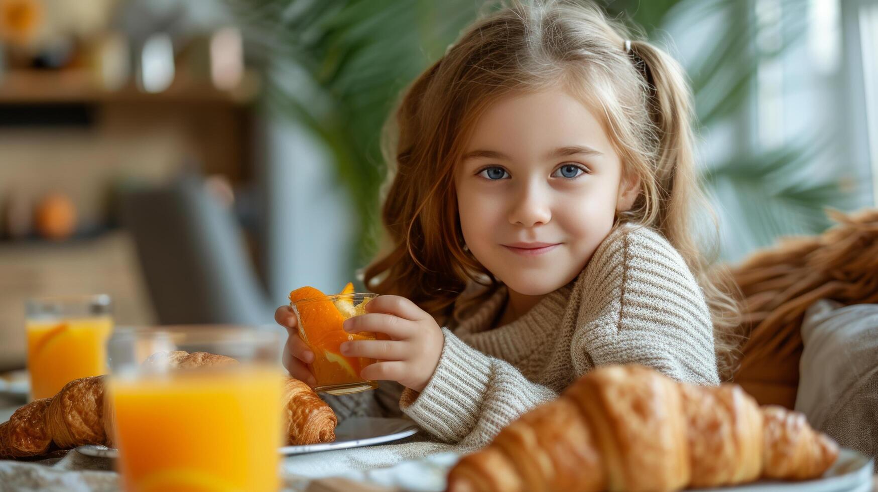 ai generado niña comiendo cuerno para desayuno con naranja jugo foto