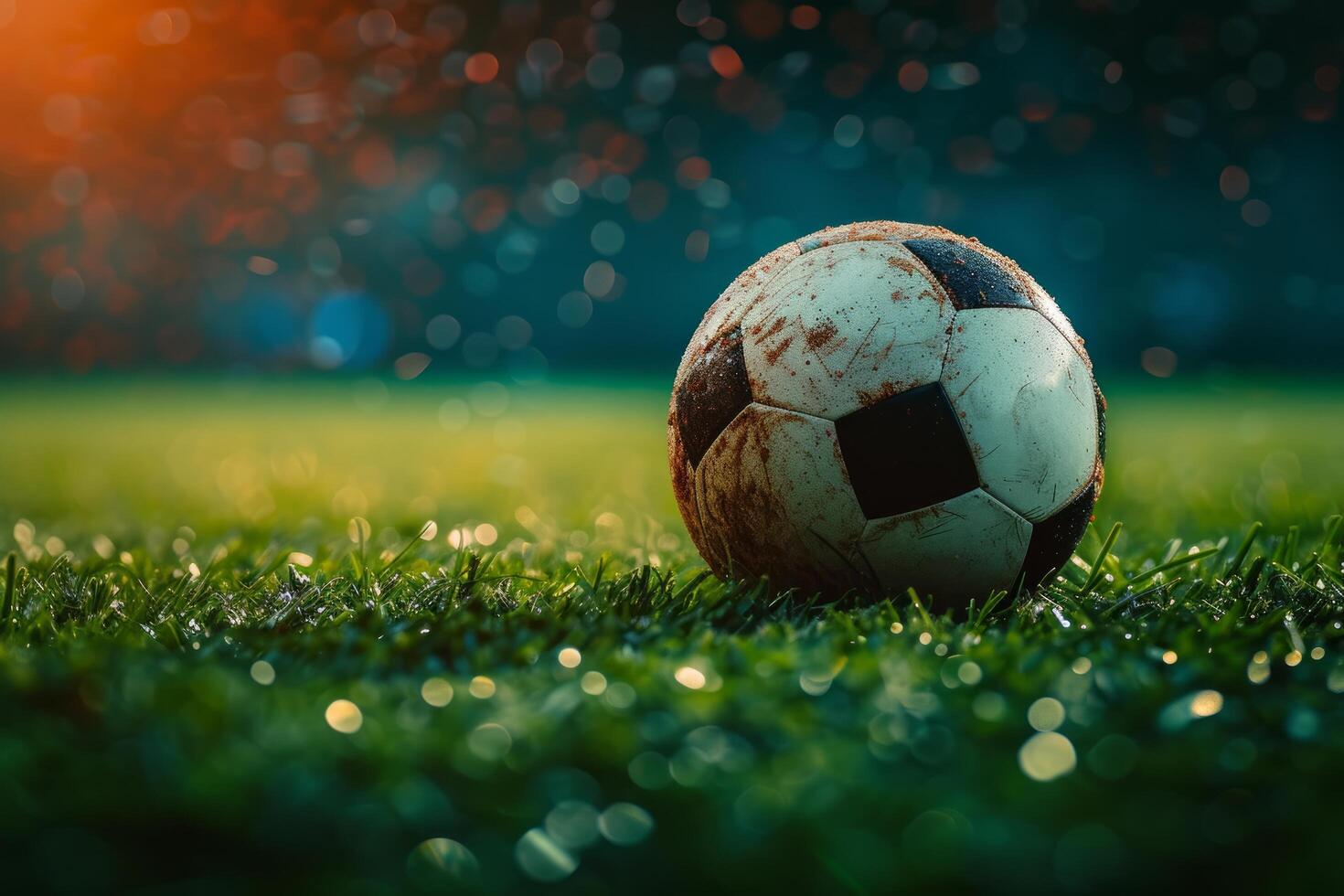 AI generated football ball at night on a grass field at night photo
