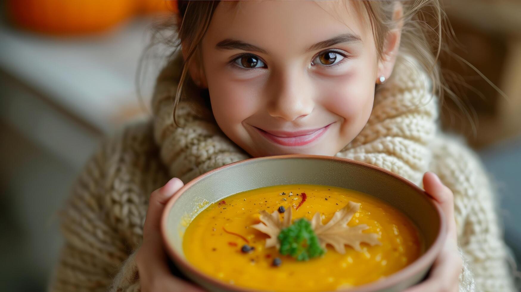 ai generado un 12 año antiguo niña come calabaza puré sopa foto