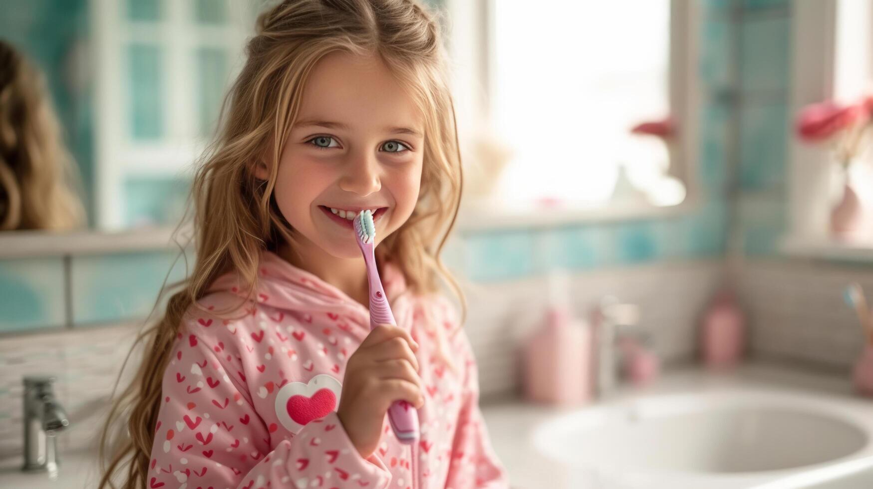 AI generated A 12-year-old girl in pink pajamas with a heart brushes her teeth in a bright bathroom photo