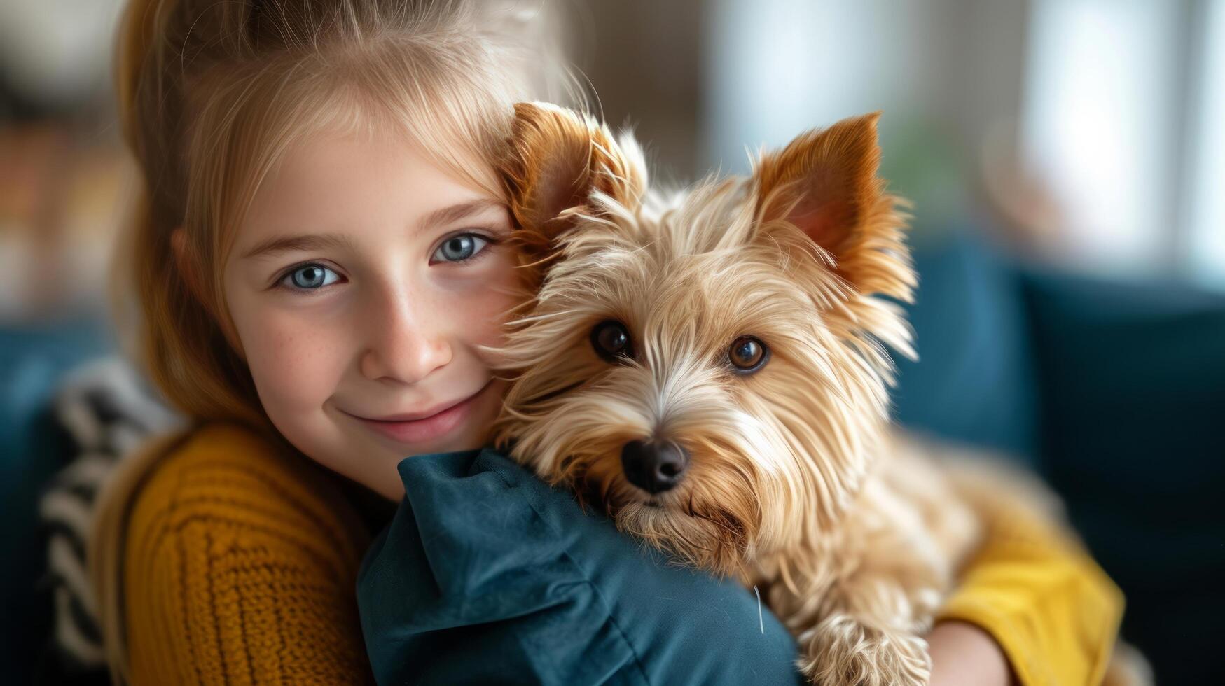 AI generated A 12-year-old girl holds a fluffy Yorkshire terrier dog in her arms. photo