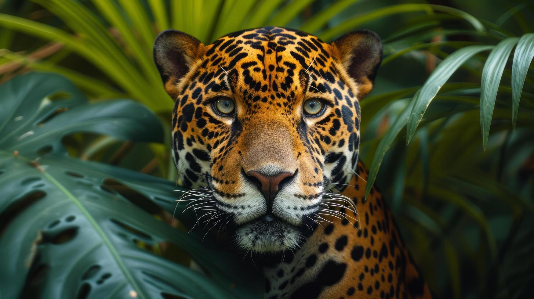 AI generated A beautiful jaguar looks straight into the camera photo