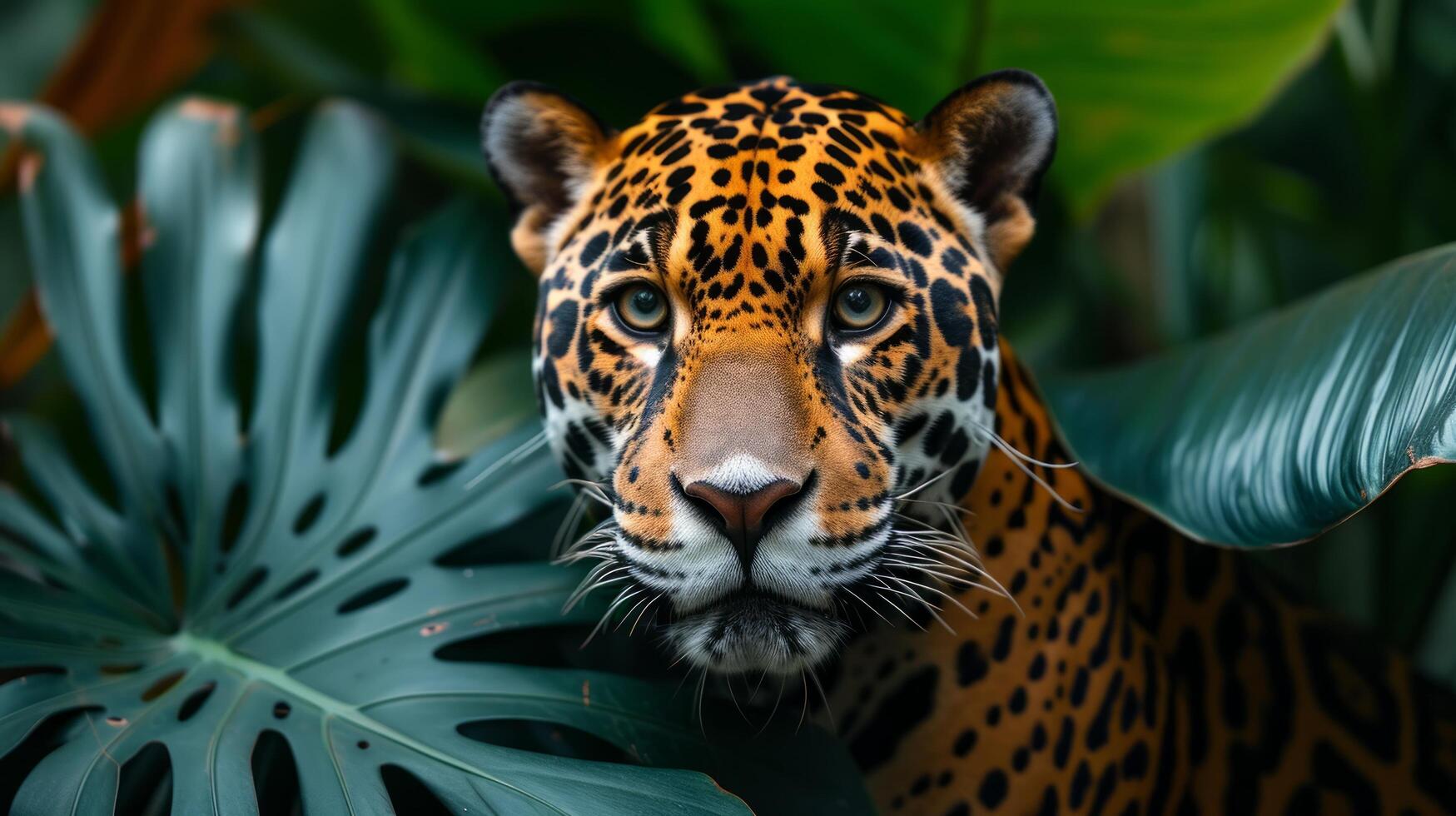 AI generated A beautiful jaguar looks straight into the camera photo