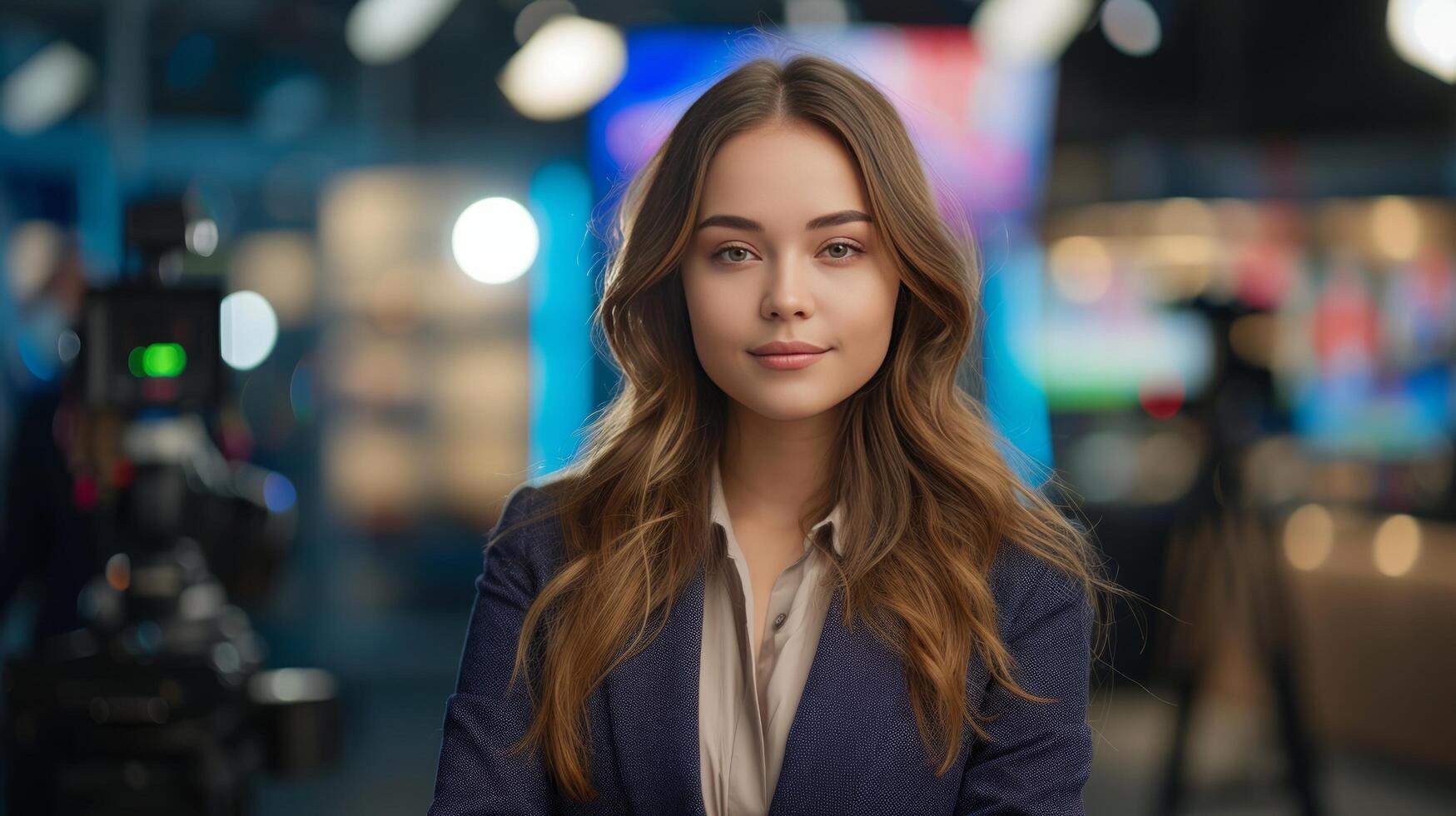 AI generated A young woman in a suit conducts news in the studio on the federal channel photo