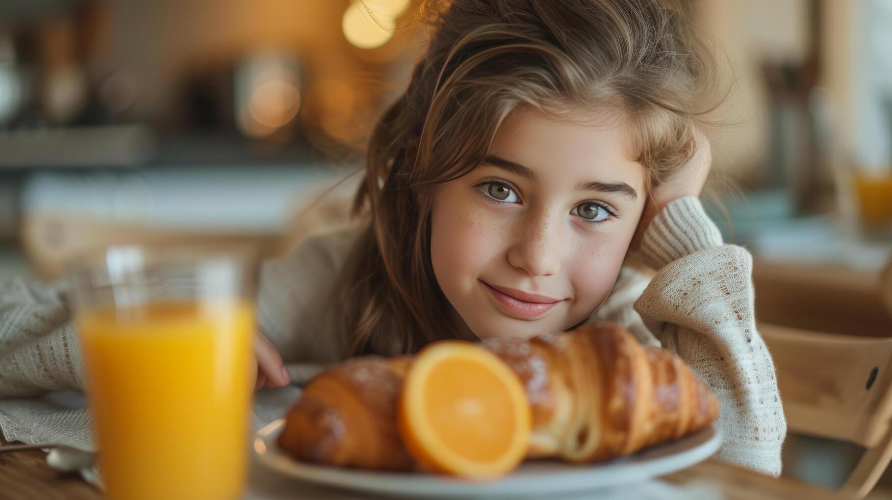 ai generado niña comiendo cuerno para desayuno con naranja jugo foto