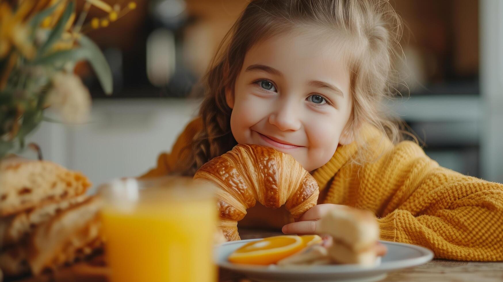 ai generado niña comiendo cuerno para desayuno con naranja jugo foto