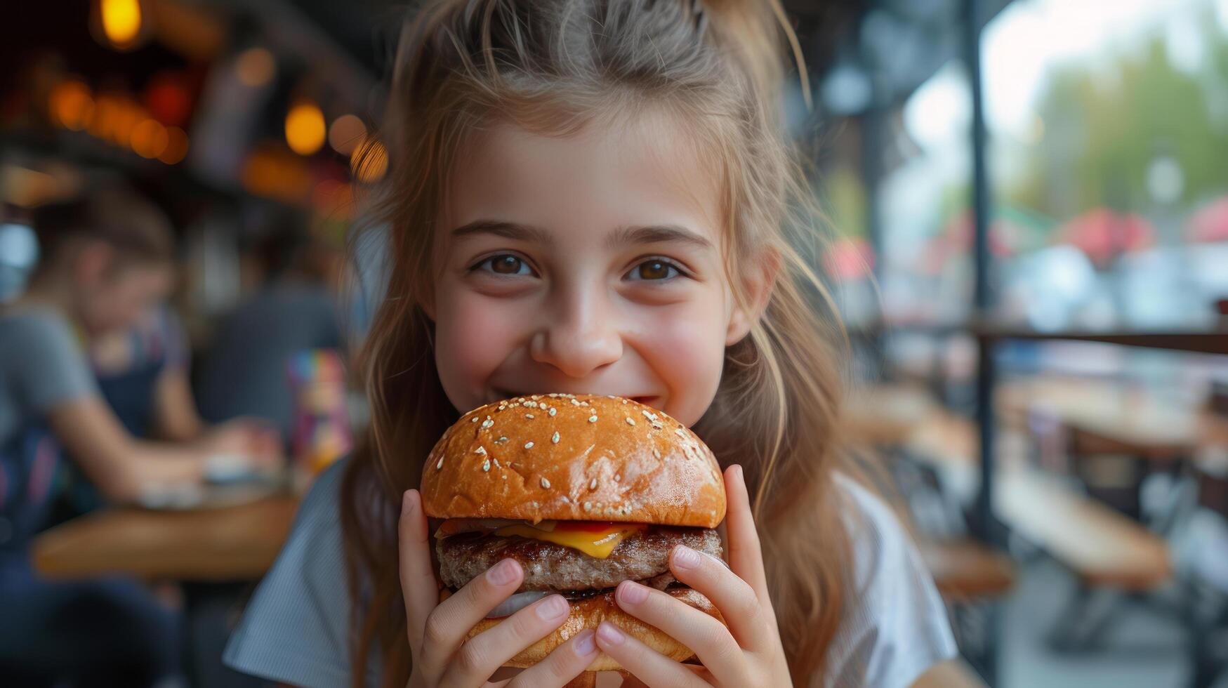 AI generated Girl 12 years old eats a big Burger in a street cafe in city photo