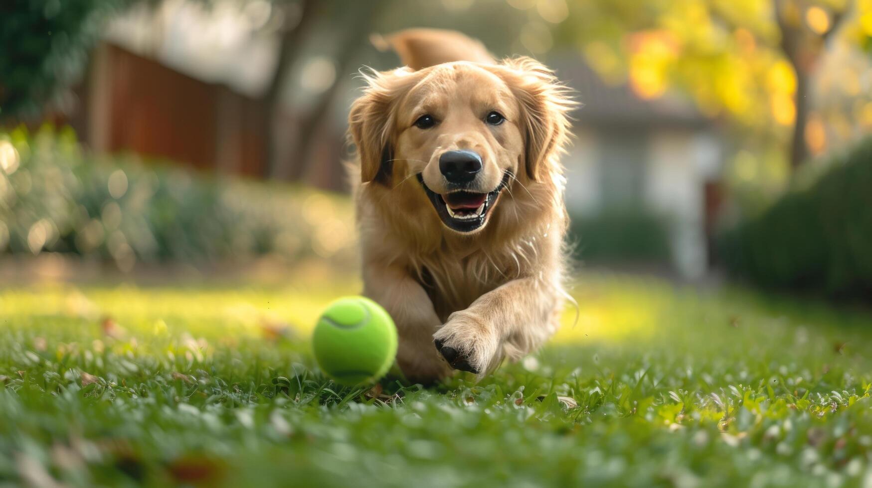 ai generado un dorado perdiguero perro obras de teatro con un verde tenis pelota en el césped cerca un estándar americano casa foto