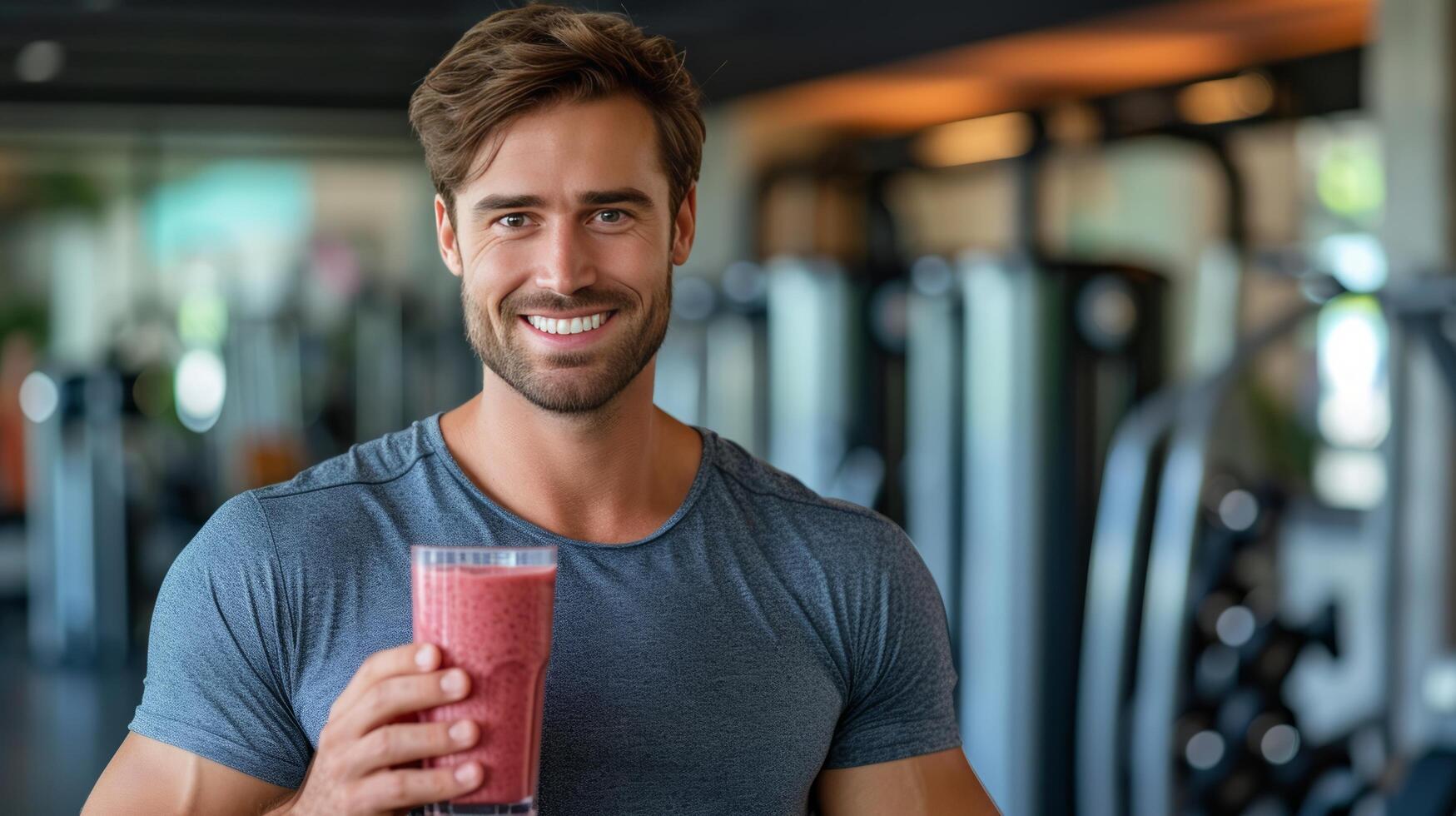AI generated A handsome, athletic-looking man is holding a glass of smoothie in his hand photo