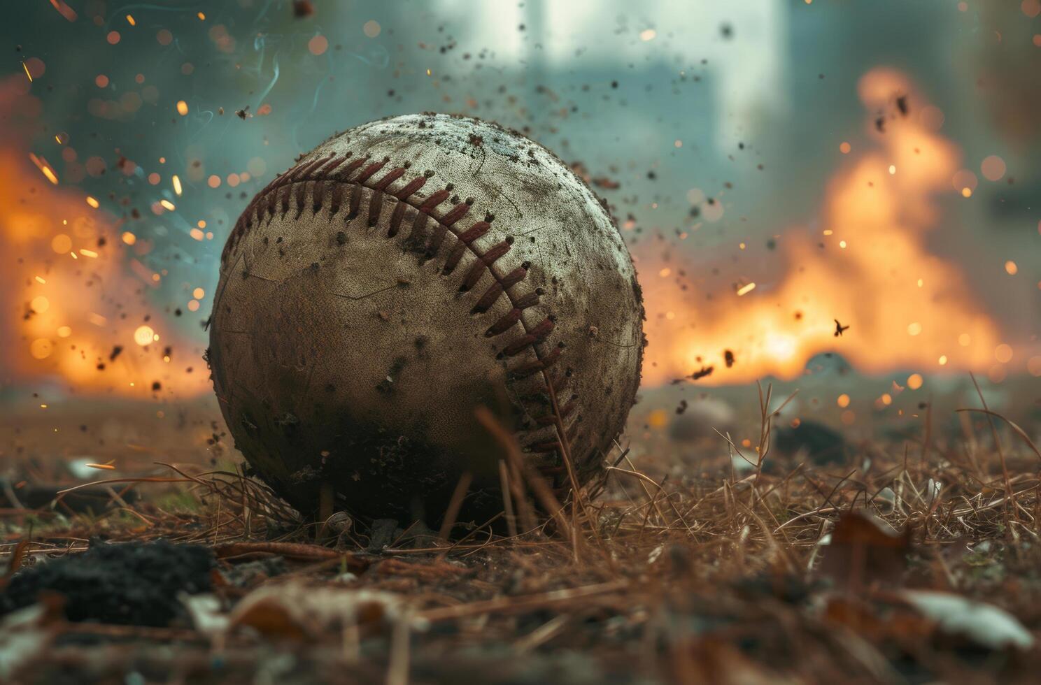 ai generado un béisbol pelota en el campo de fútbol americano fútbol americano jugadores en otoño foto