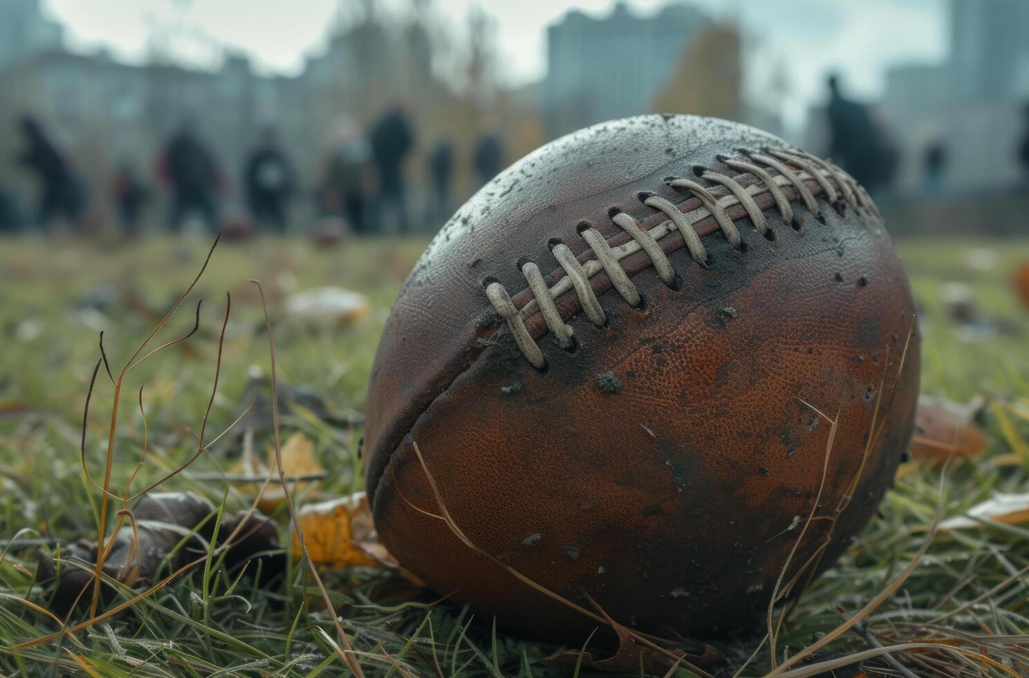 ai generado un béisbol pelota en el campo de fútbol americano fútbol americano jugadores en otoño foto
