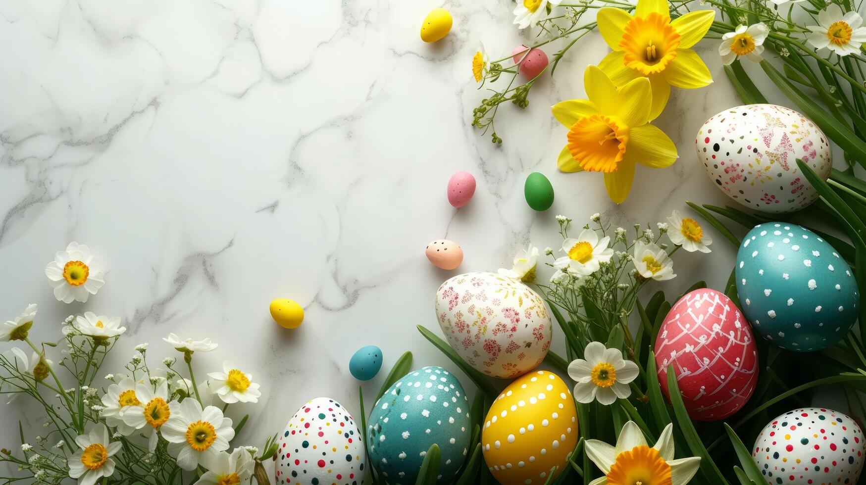 AI generated Beautiful Easter background for advertising with daffodils, tulips and colorful Easter eggs. photo