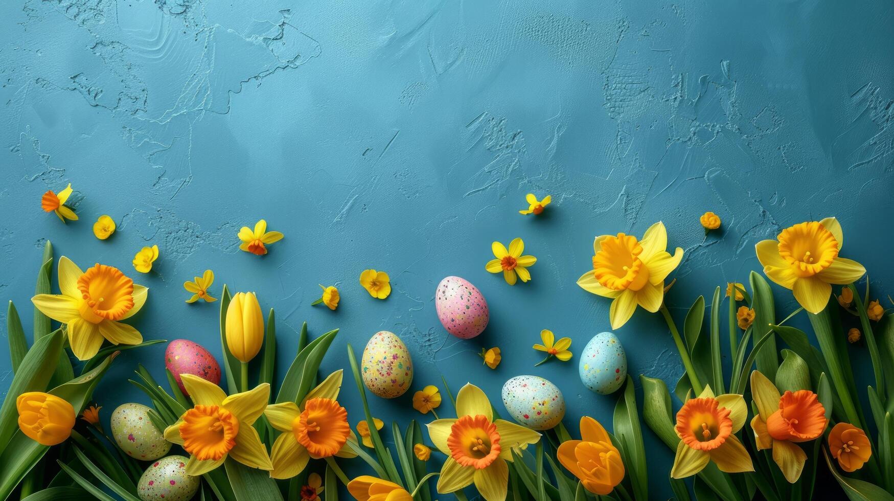 AI generated Beautiful Easter background for advertising with daffodils, tulips and colorful Easter eggs. photo
