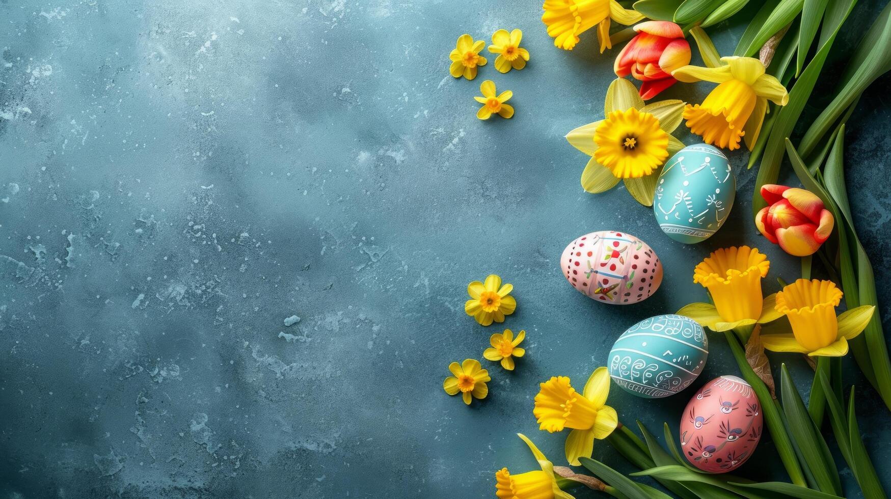 AI generated Beautiful Easter background for advertising with daffodils, tulips and colorful Easter eggs. photo