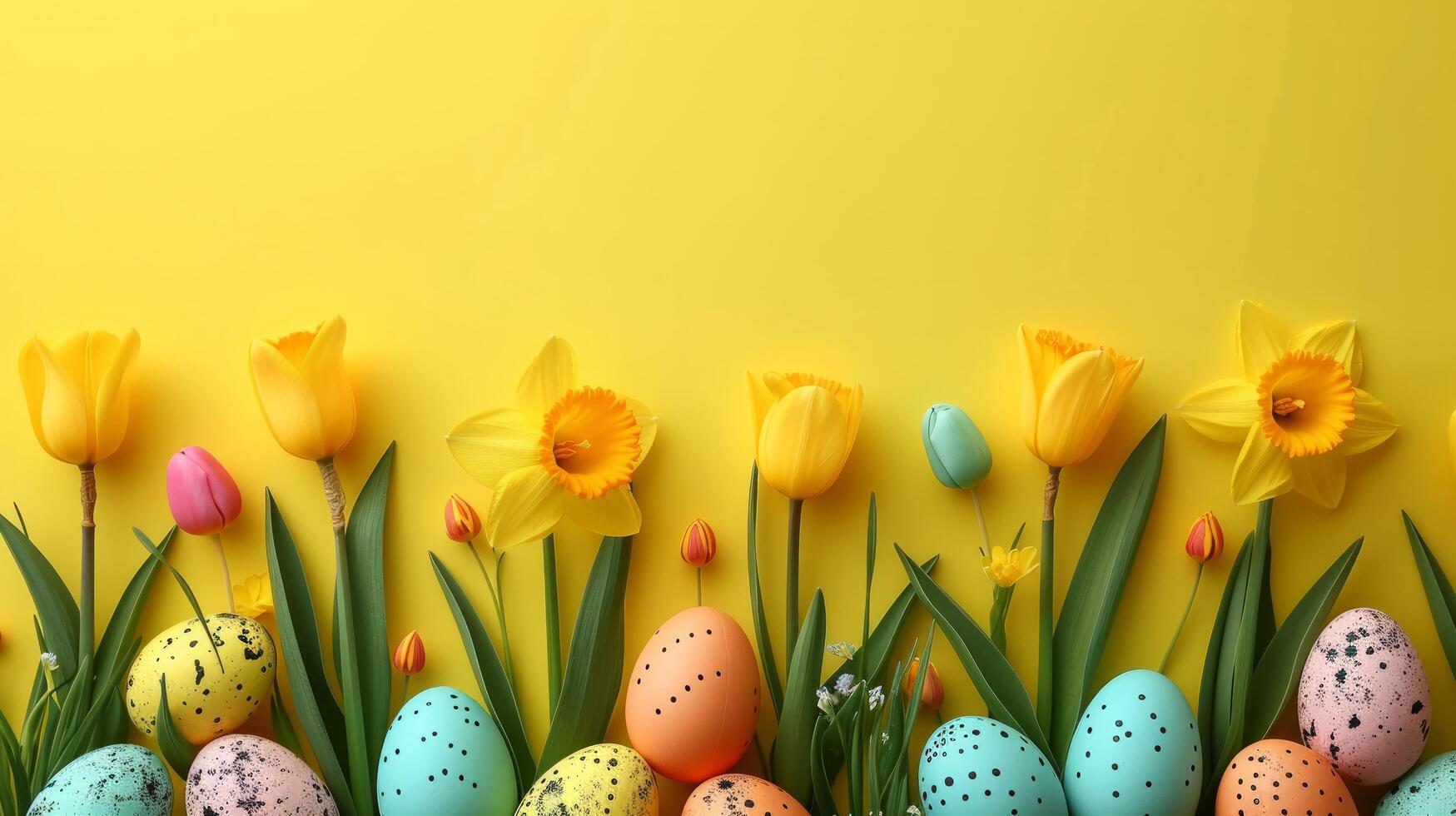 AI generated Beautiful Easter background for advertising with daffodils, tulips and colorful Easter eggs. photo