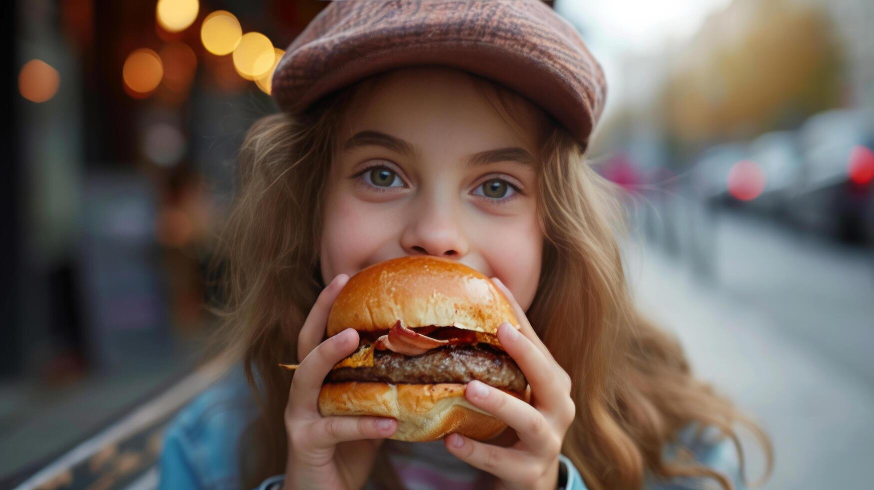ai generado niña 12 años antiguo come un grande hamburguesa en un calle café en ciudad foto