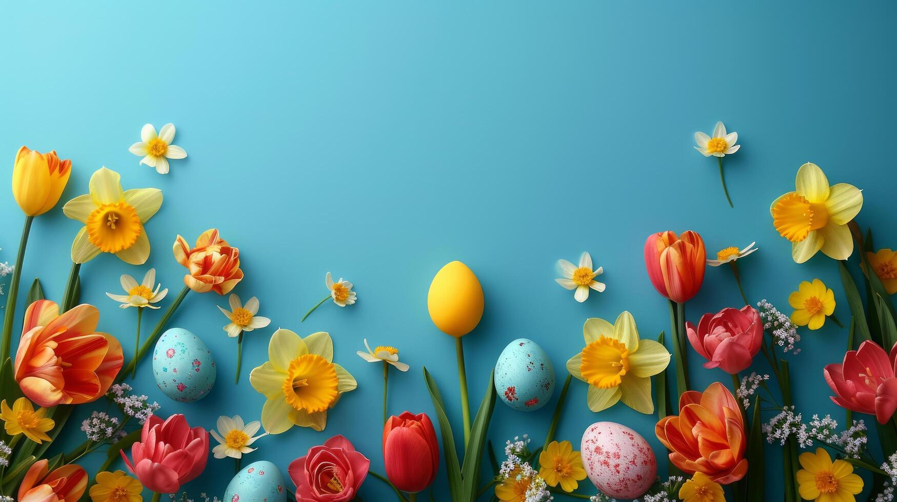 AI generated Beautiful Easter background for advertising with daffodils, tulips and colorful Easter eggs. photo