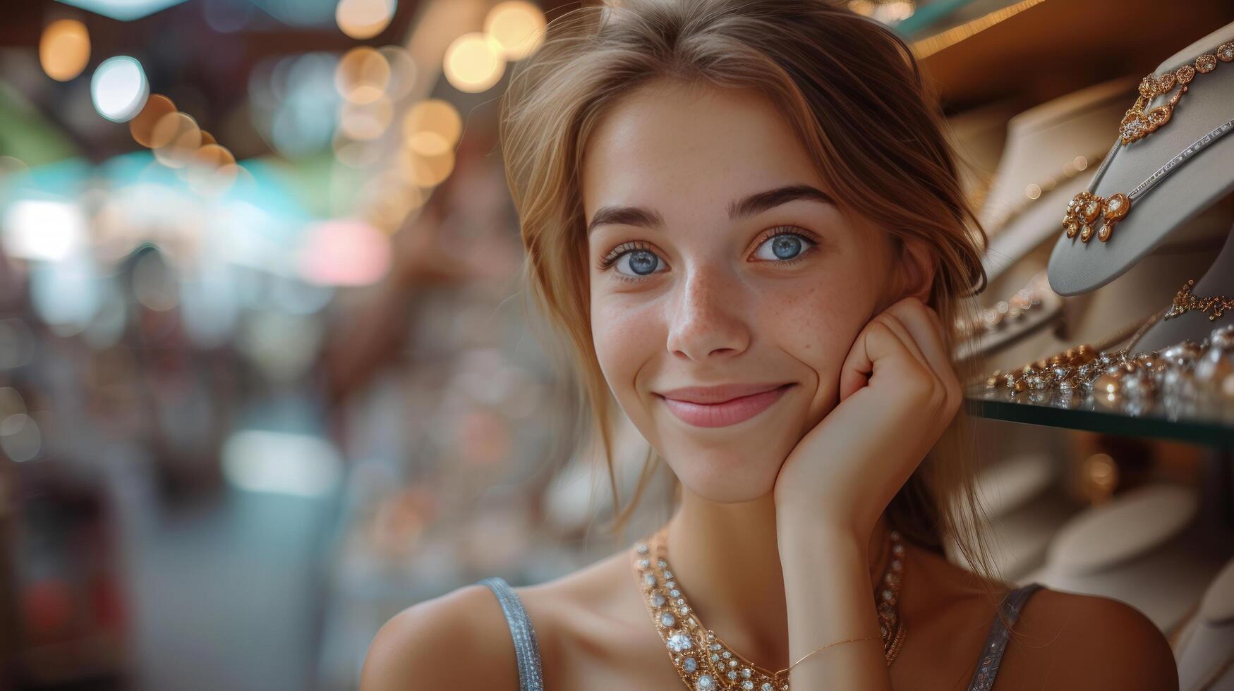 ai generado un hermosa niña elige un collar para sí misma en un joyería Tienda foto